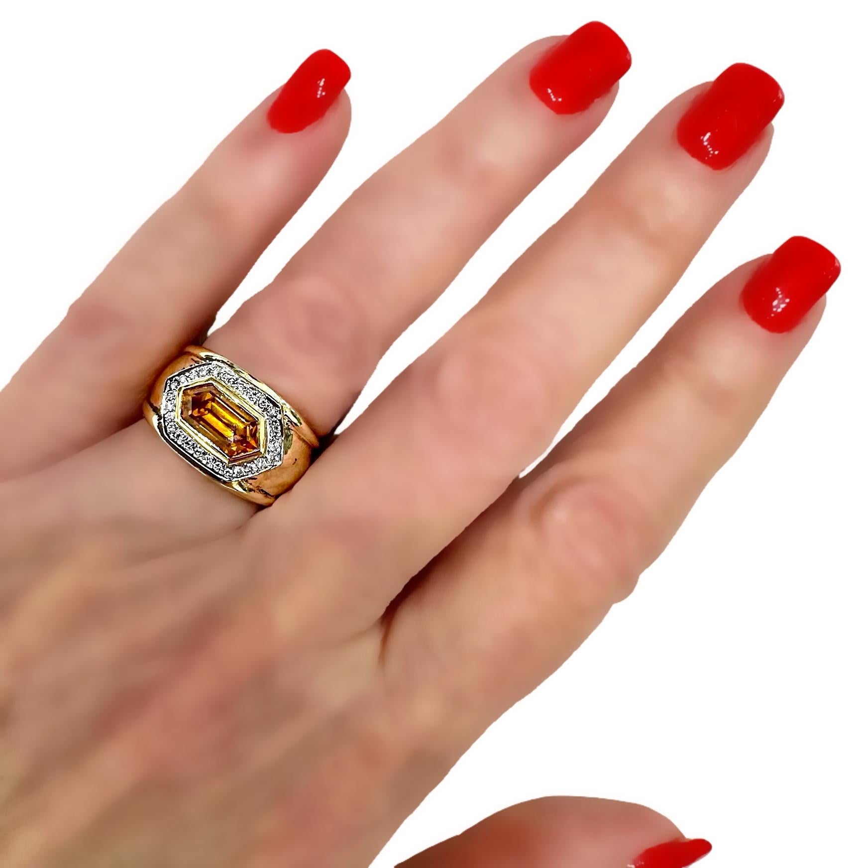 Stylish 18K Yellow Gold, Diamond and Hexagonal Golden Orange Sapphire Ring For Sale 3