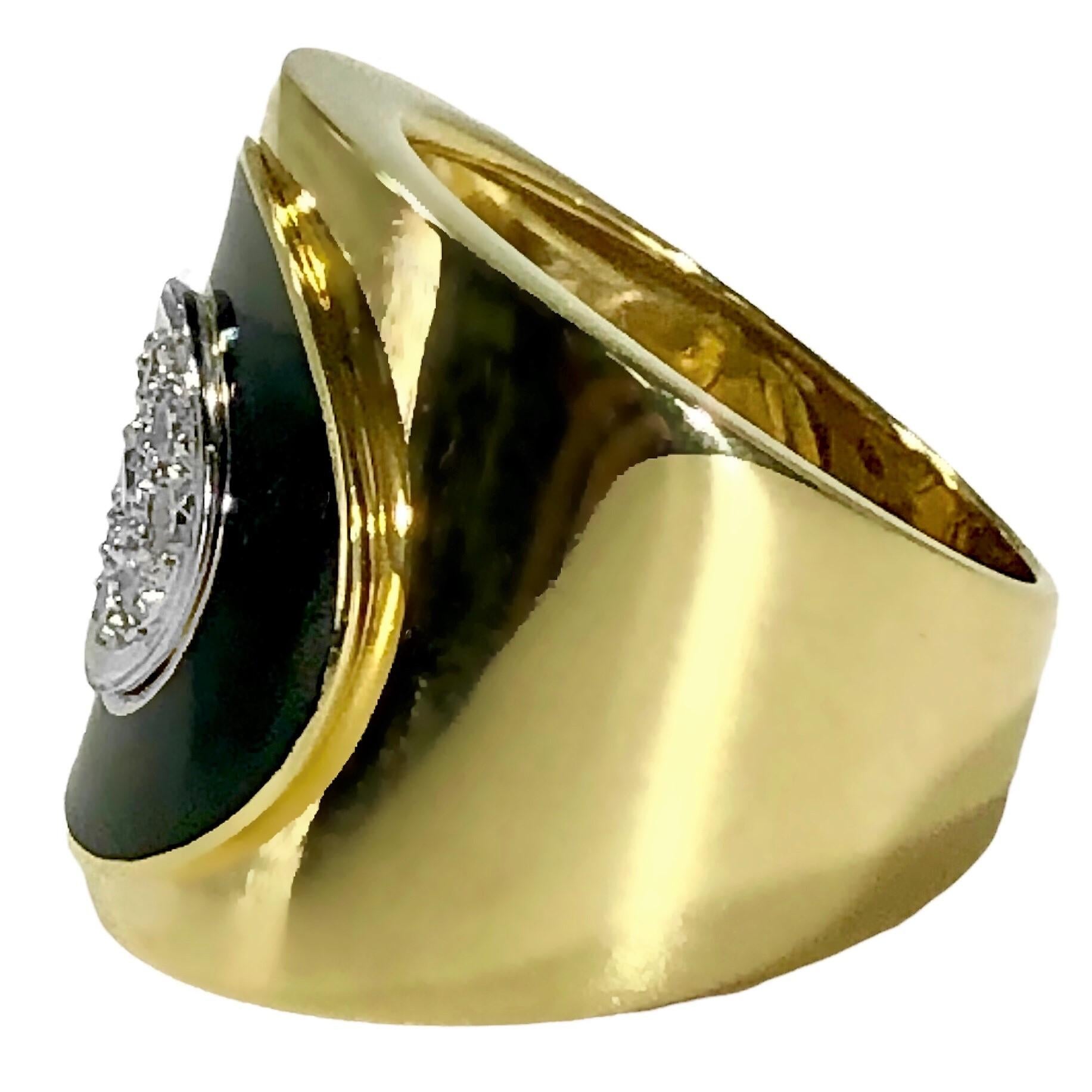 This very stylish 18k yellow gold Italian Cigar Band ring is certain to evoke delight in the wearer as well as any observer. It is wide at the front, measuring 7/8 inches and tapers down to a very comfortable 3/16 inches at the rear. At the center