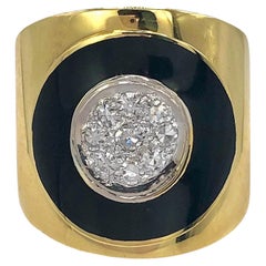 Stylish 18K Yellow Gold, Italian, Enamel and Diamond Cigar Band Ring