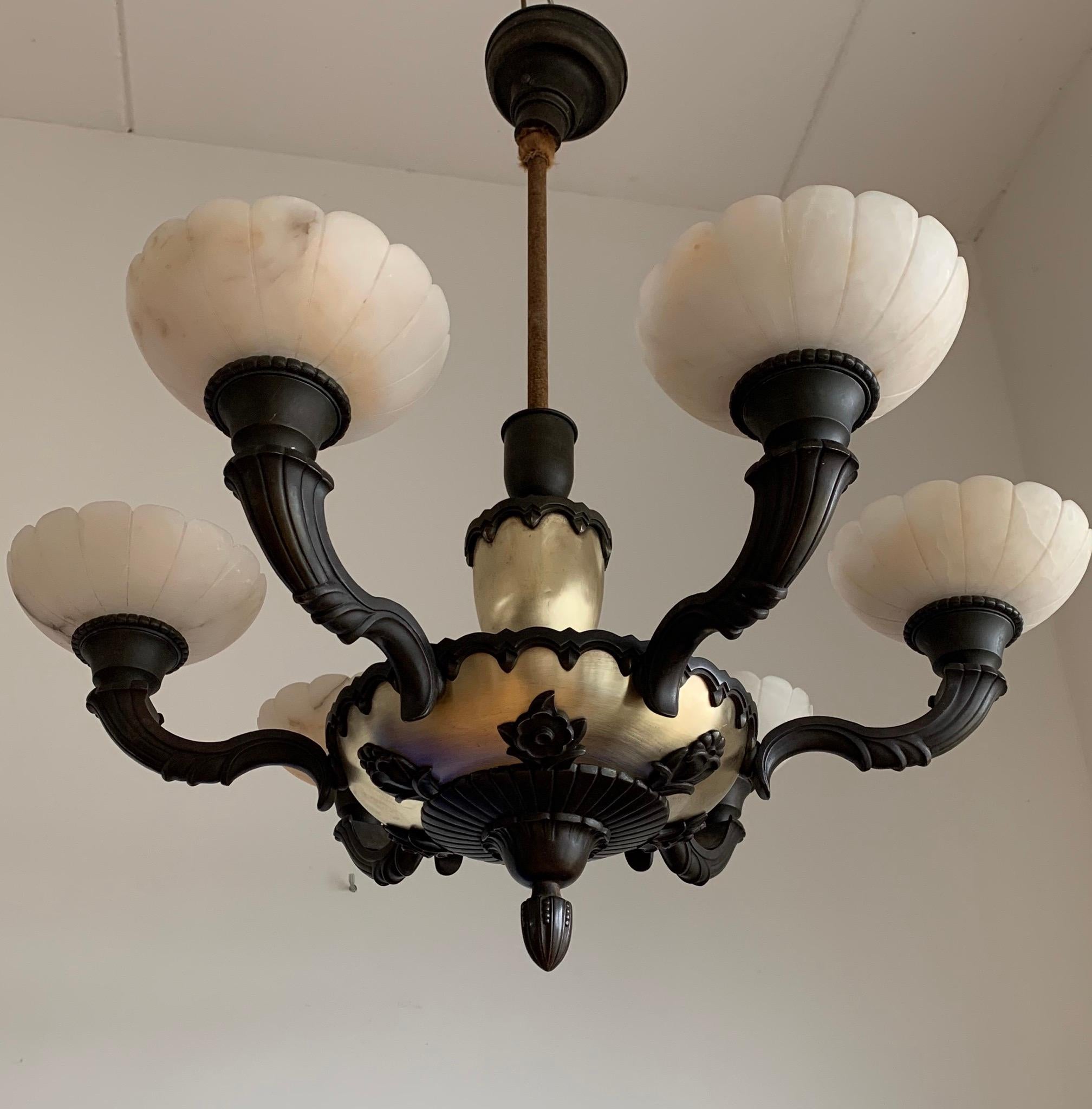 Stylish 1920s Art Deco White Alabaster and Bronze Arms Chandelier Light Fixture 1