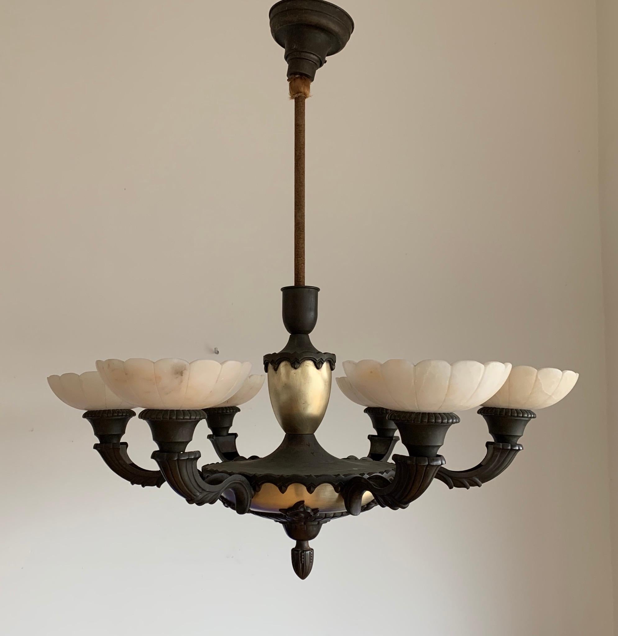 Stylish 1920s Art Deco White Alabaster and Bronze Arms Chandelier Light Fixture 7