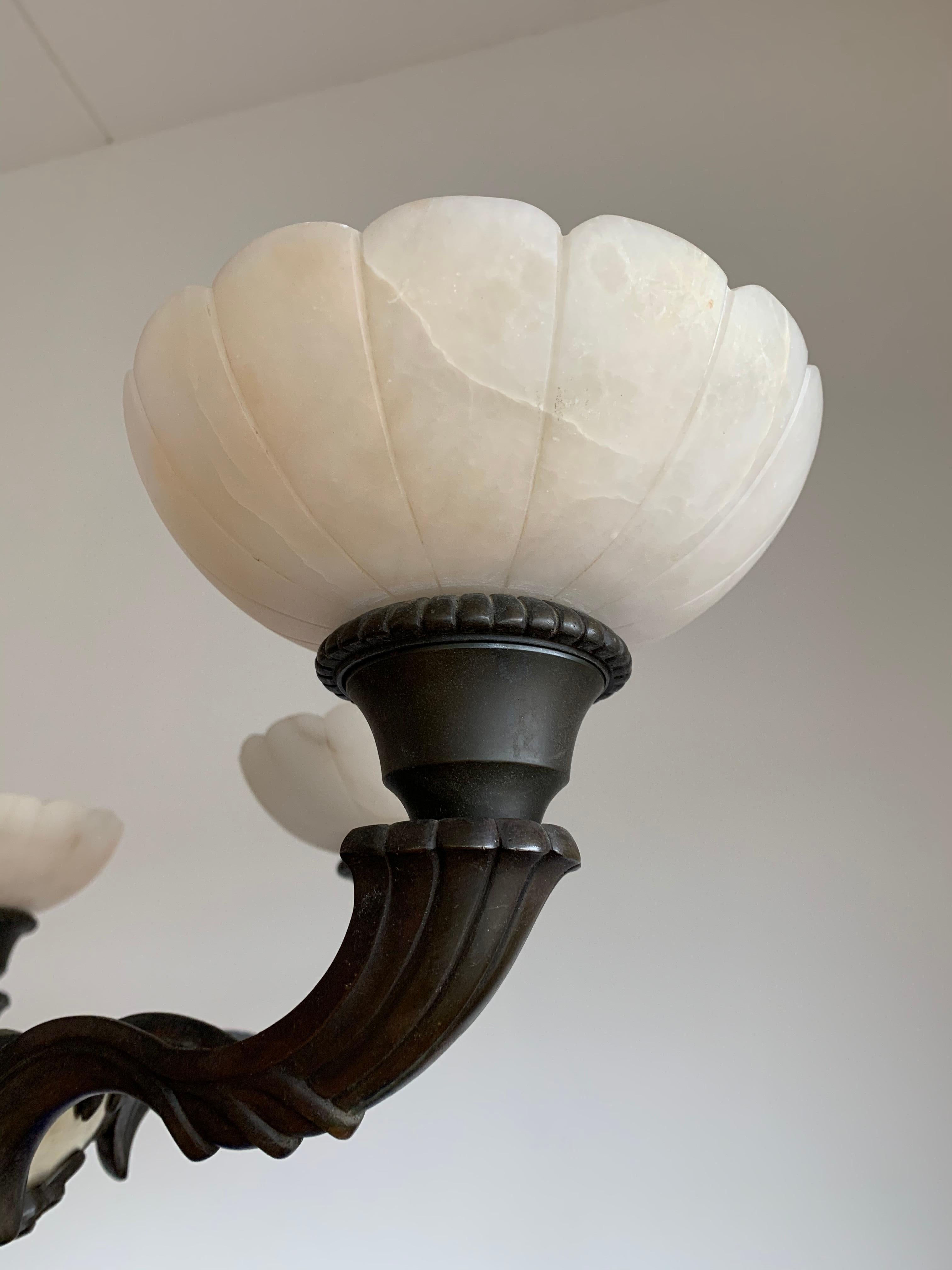 Stylish 1920s Art Deco White Alabaster and Bronze Arms Chandelier Light Fixture 9
