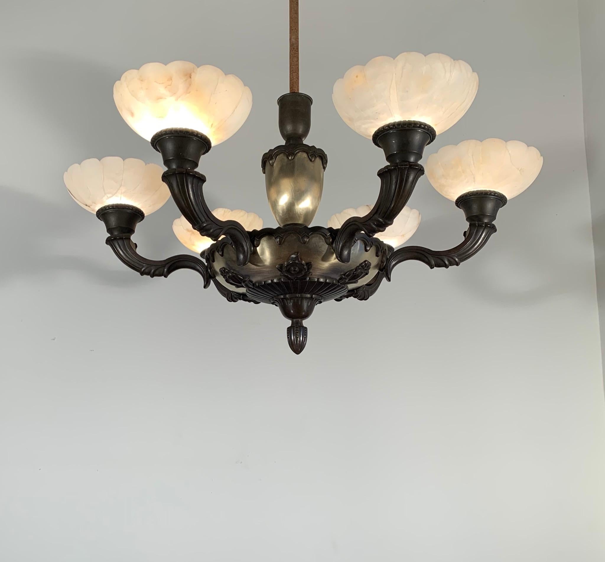 20th Century Stylish 1920s Art Deco White Alabaster and Bronze Arms Chandelier Light Fixture