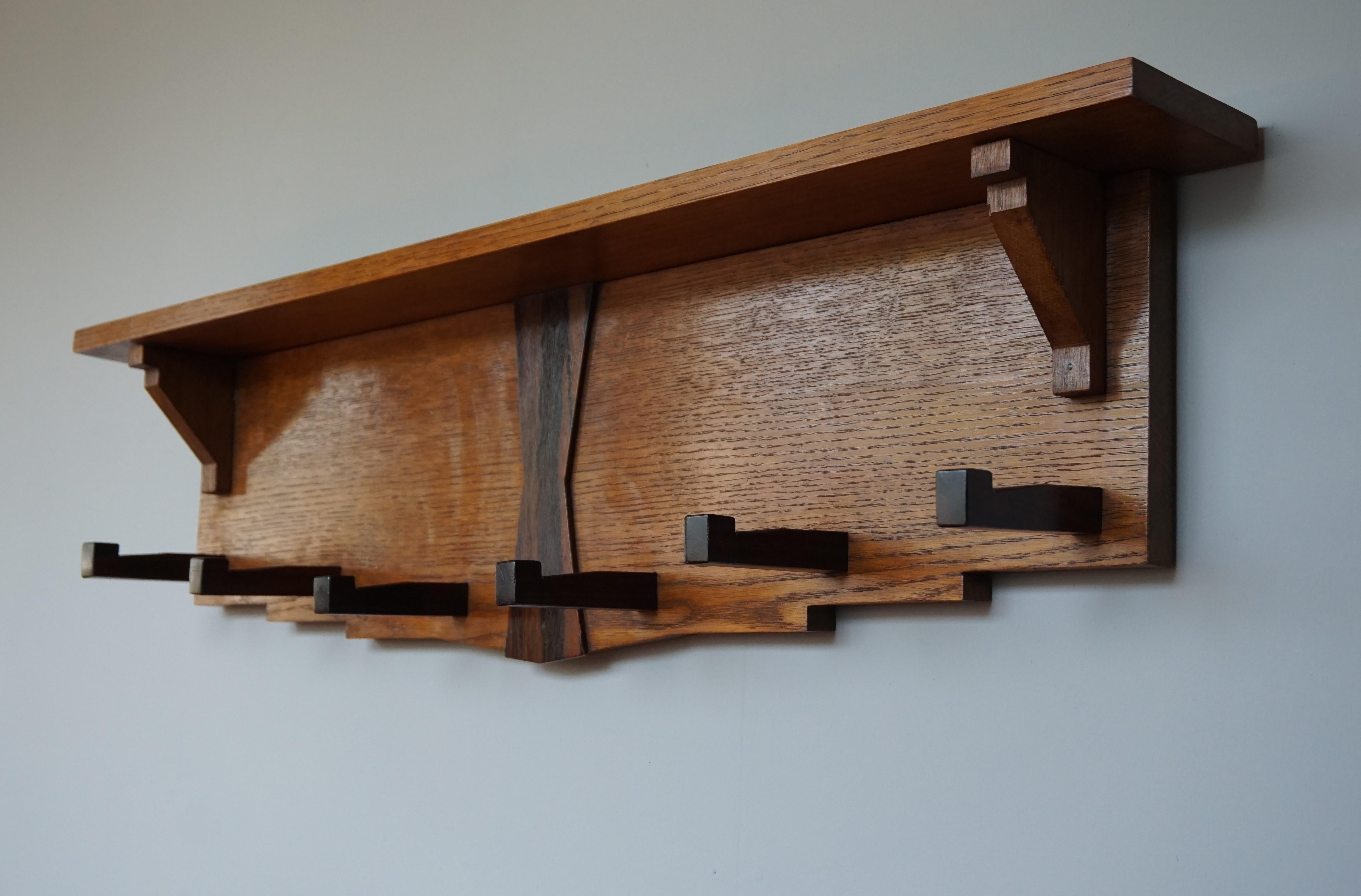 Stylish 1920s Dutch Art Deco Design, Solid Oakwood and Coromandel Wall Coat Rack In Excellent Condition In Lisse, NL