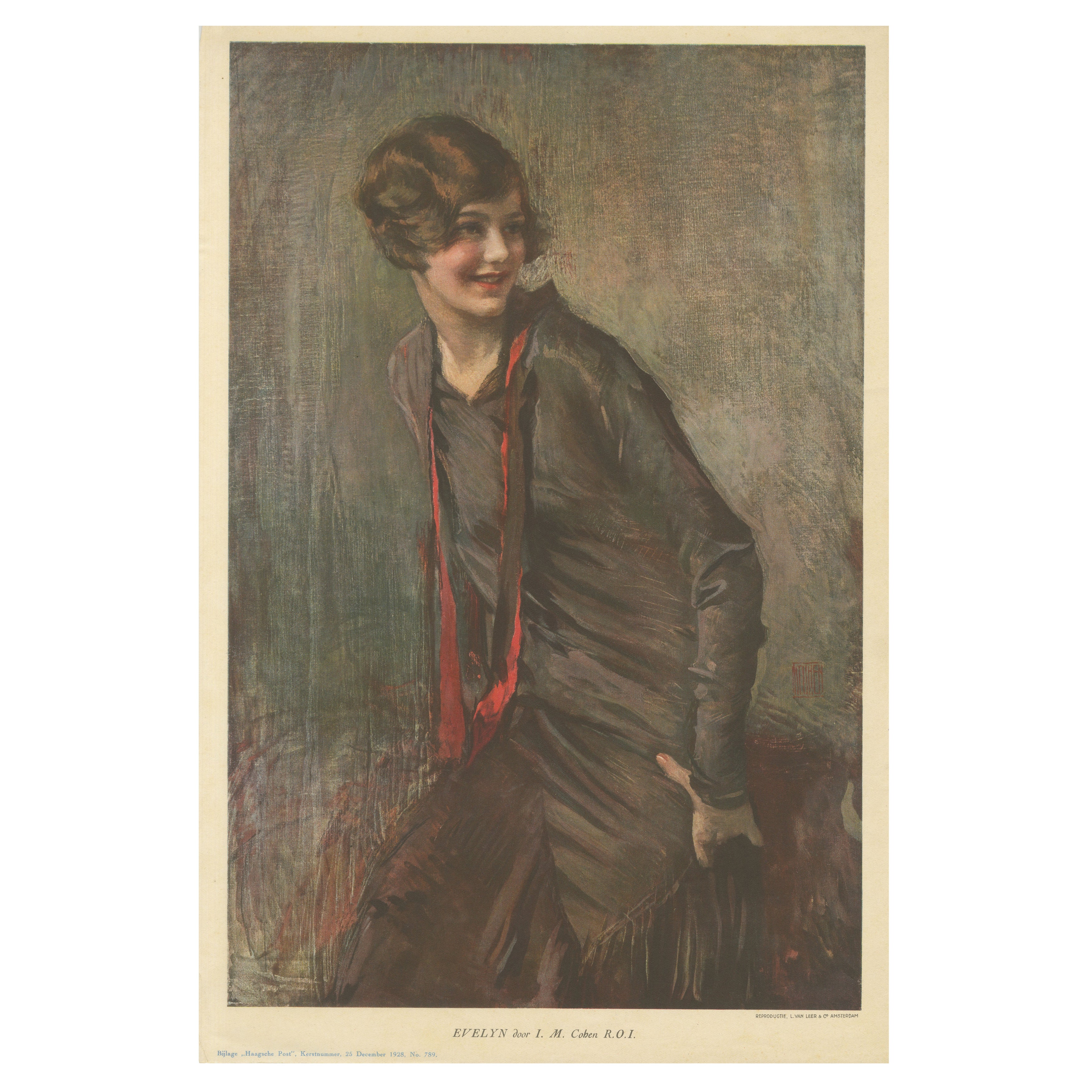 Stilvolles Porträt "Evelyn" aus den 1920er Jahren - Art Deco Lithographie von I.M. Cohen, 1928 im Angebot