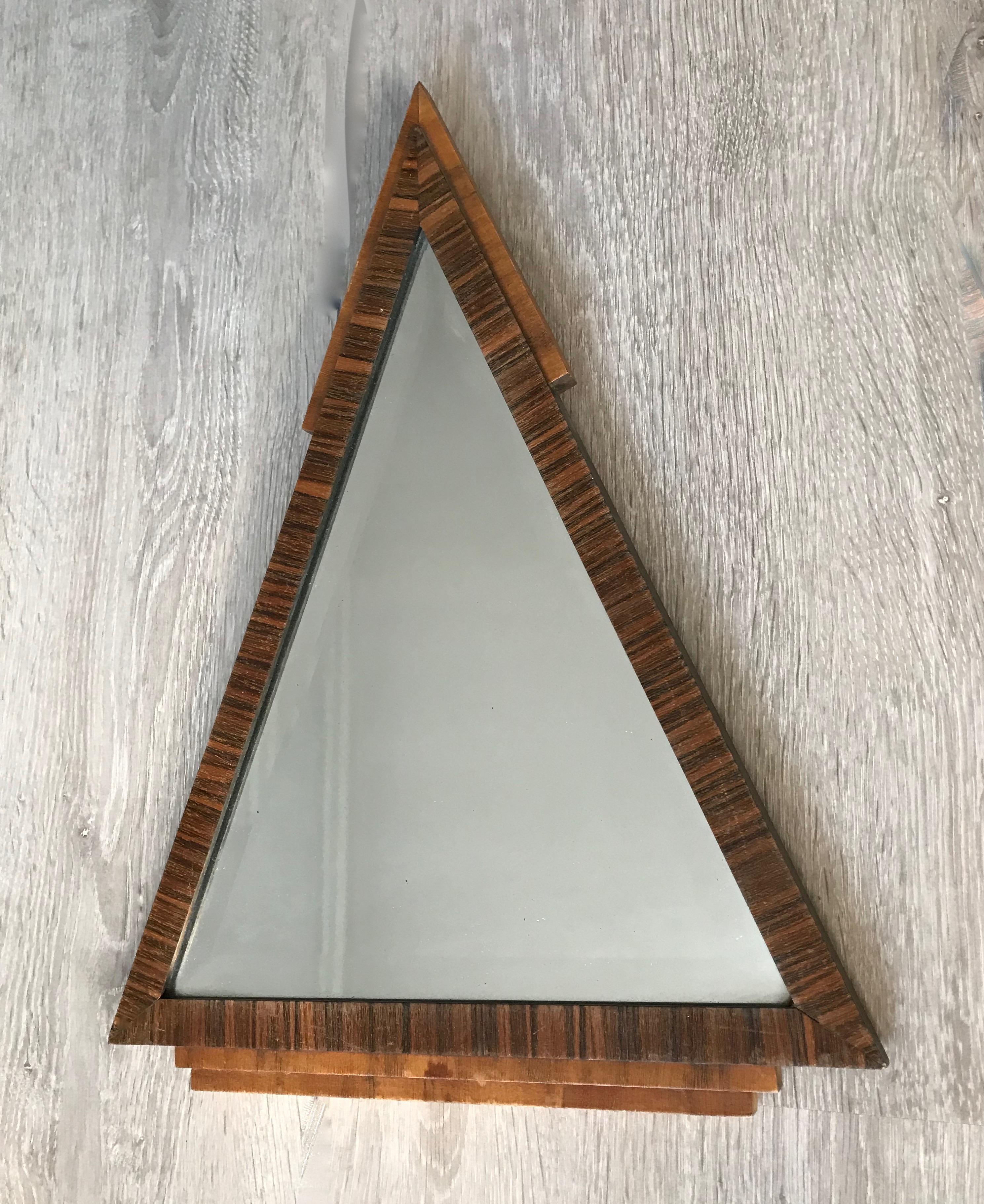 Stylish 1920s Triangle Shape & Handcrafted Oak & Macassar Art Deco Wall Mirror 1