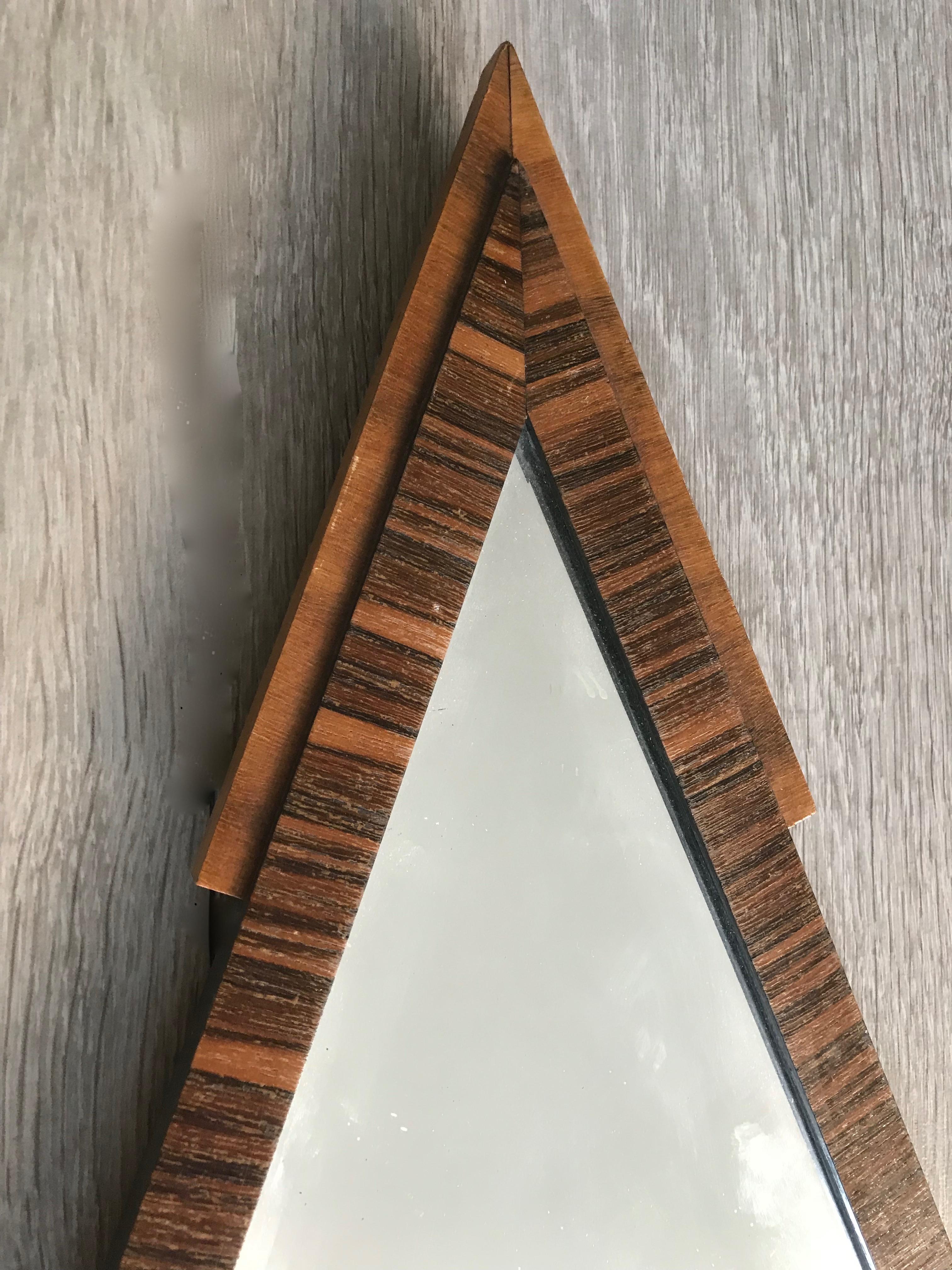 Dutch Stylish 1920s Triangle Shape & Handcrafted Oak & Macassar Art Deco Wall Mirror