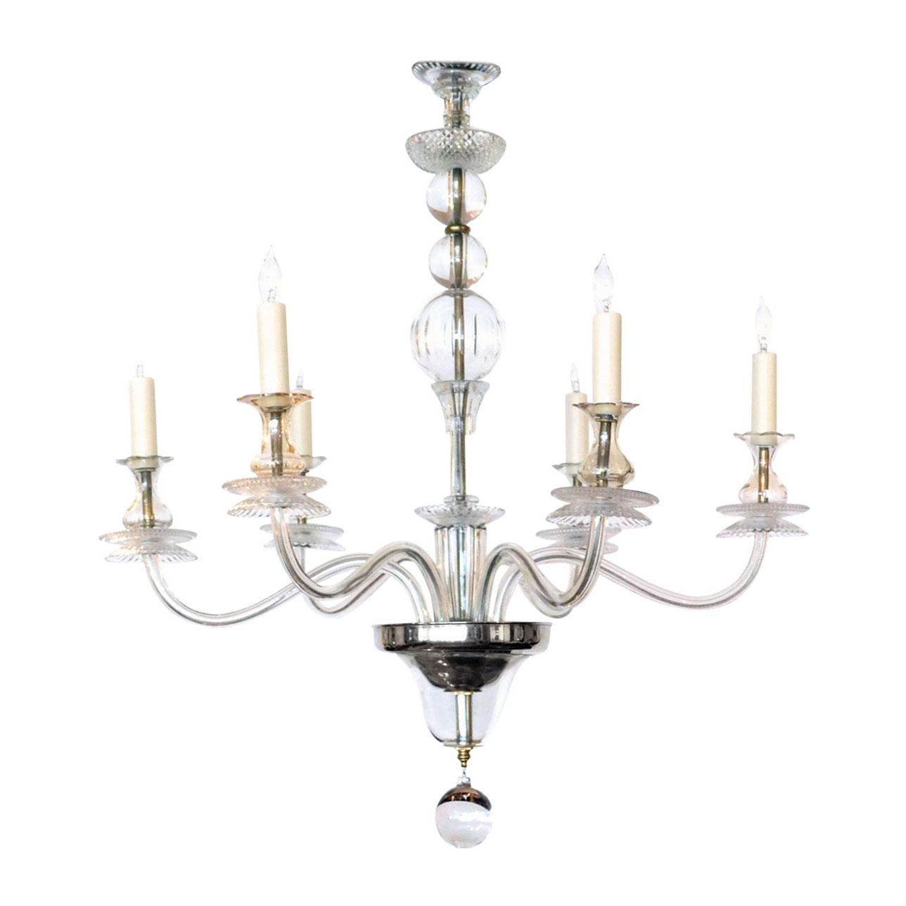 Stylish 1950's Hollywood Regency Clear Glass 6-Light Chandelier