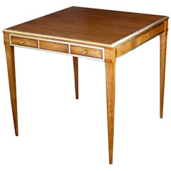 Stylish 1950s Walnut Single-Drawer Square Game Table with Brass Detailing