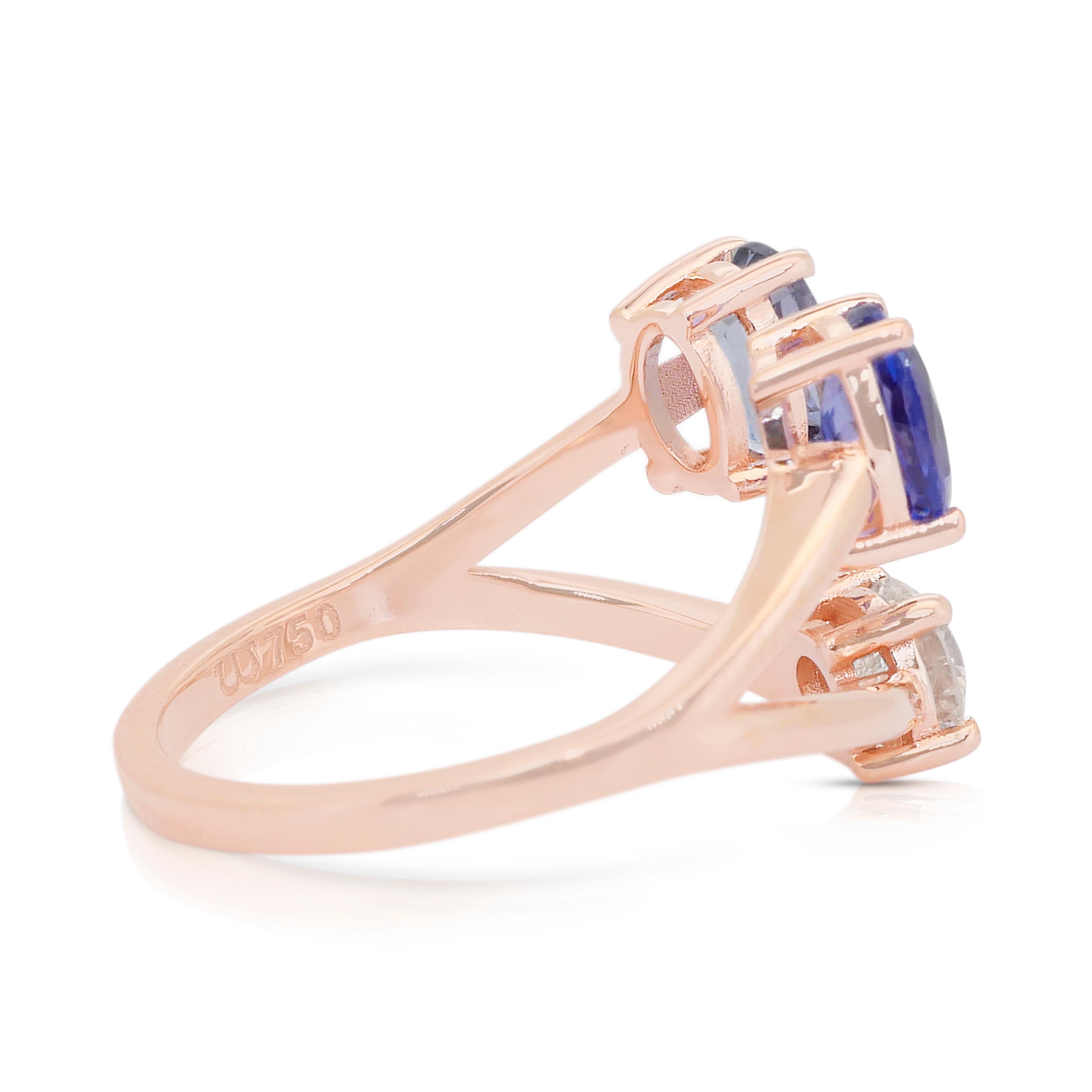 Stilvoller 3-Stein-Ring mit 2,03ct Tansaniten und Diamanten aus 18k Rose Gold im Angebot 1