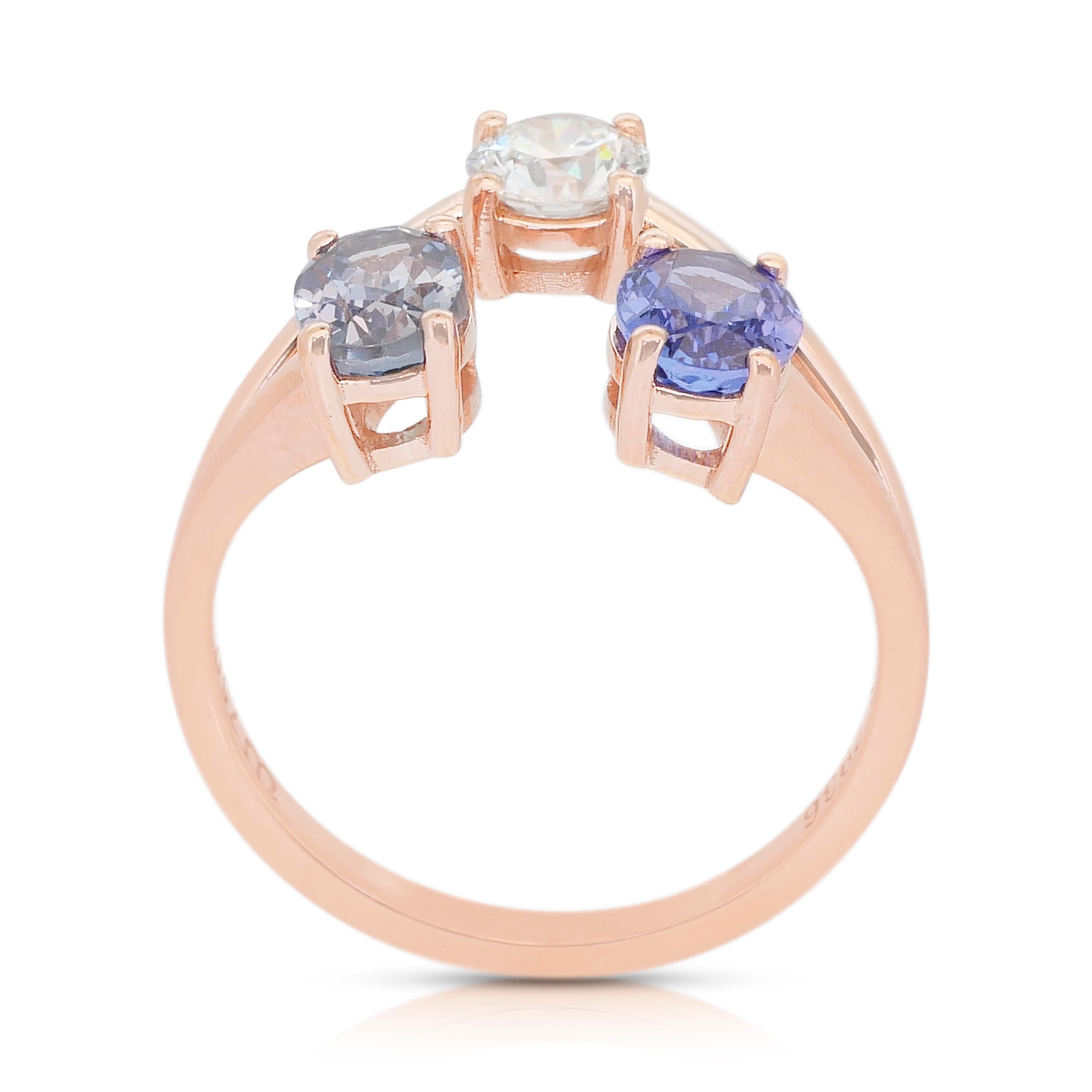Stilvoller 3-Stein-Ring mit 2,03ct Tansaniten und Diamanten aus 18k Rose Gold im Angebot 2