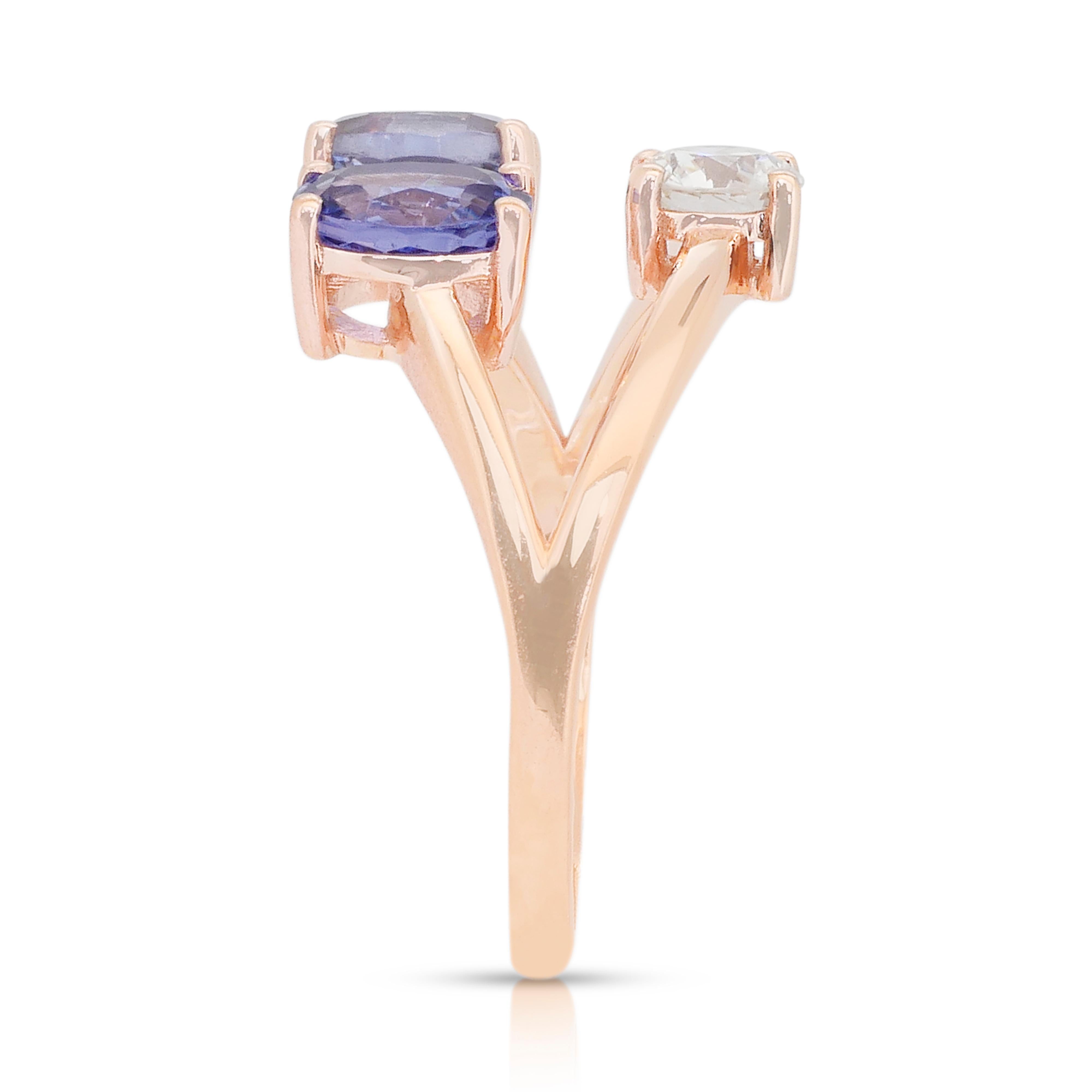 Stilvoller 3-Stein-Ring mit 2,03ct Tansaniten und Diamanten aus 18k Rose Gold im Angebot 3