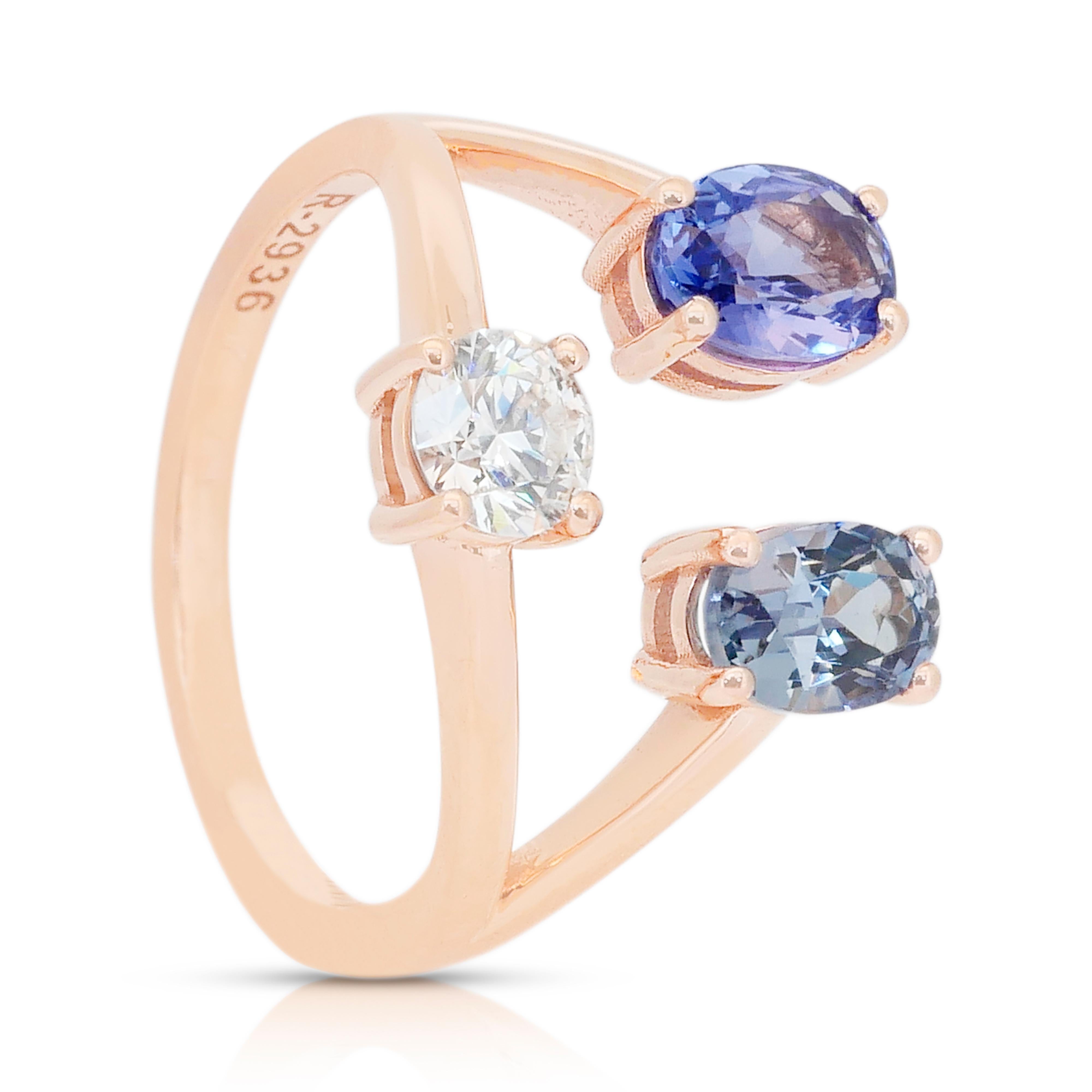 Stilvoller 3-Stein-Ring mit 2,03ct Tansaniten und Diamanten aus 18k Rose Gold im Angebot 4