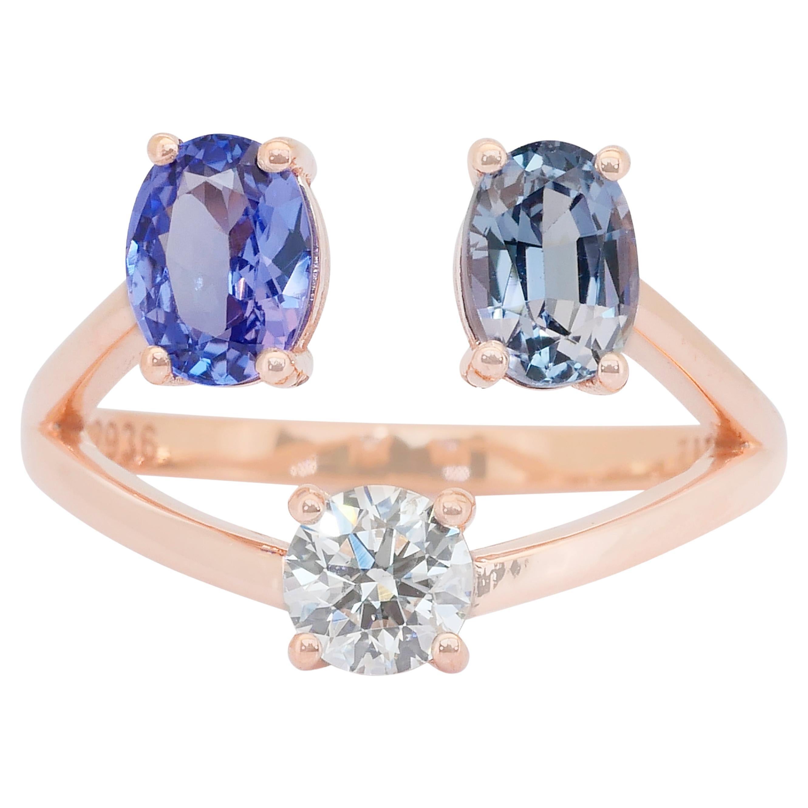 Stilvoller 3-Stein-Ring mit 2,03ct Tansaniten und Diamanten aus 18k Rose Gold im Angebot