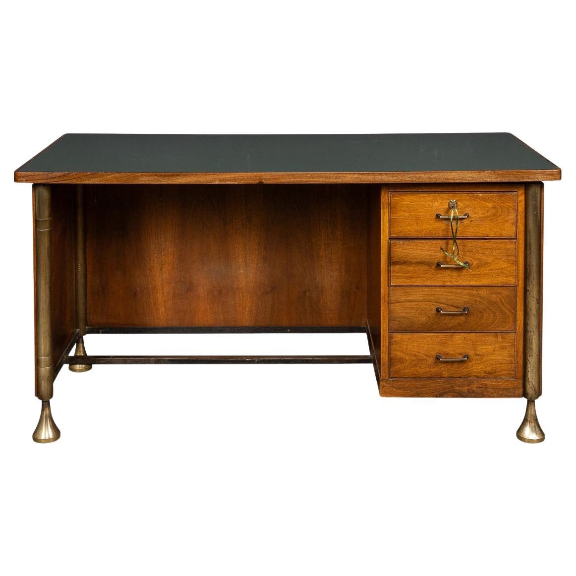 Stylish 20th Century Italian Art Deco Brass & Mahogany Desk c.1930 For Sale