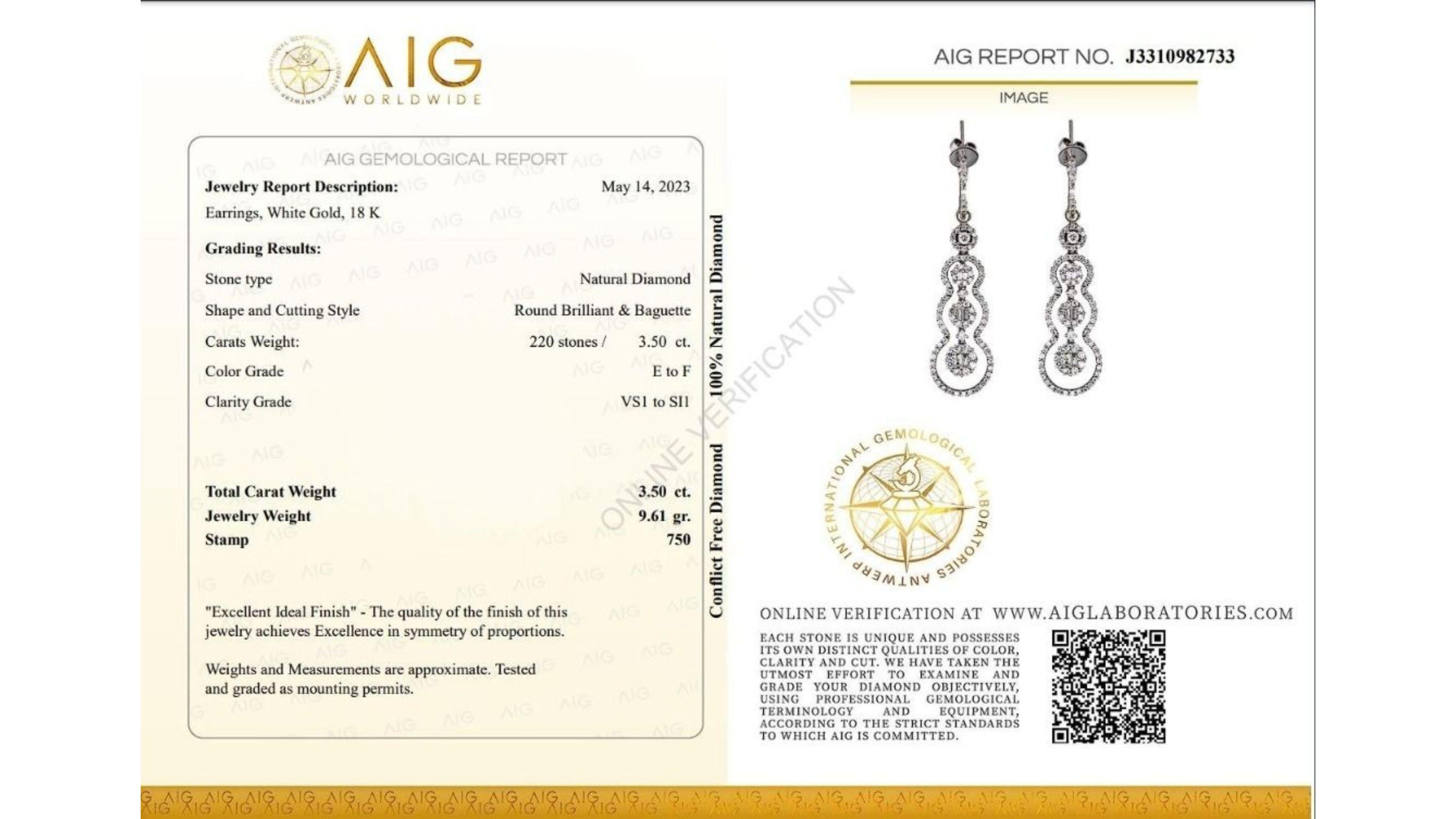 Stilvolle 3,50ct. Runde Brillant- und Baguette-Diamant-Ohrringe zum Baumeln im Angebot 2