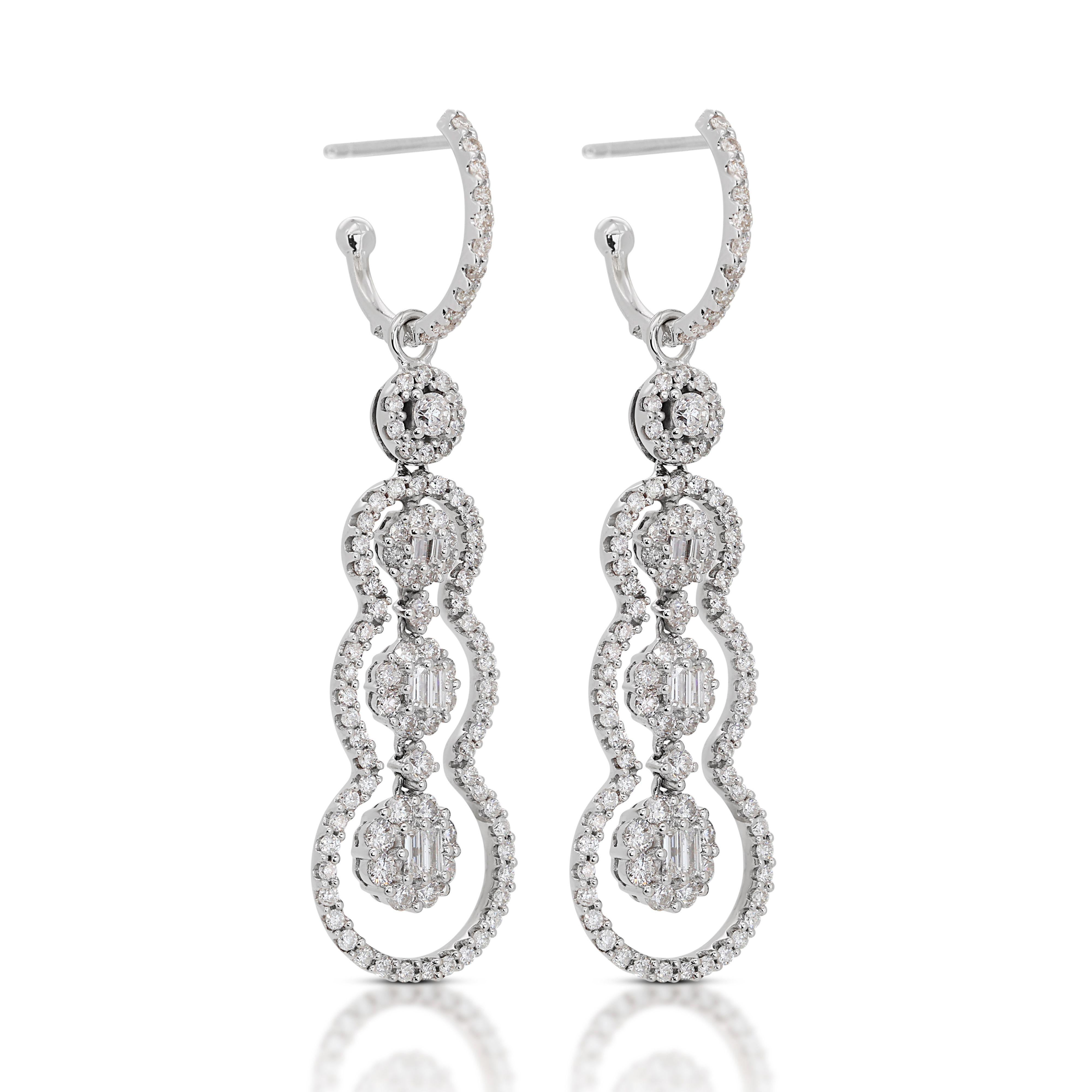 Round Cut Stylish 3.50ct. Round Brilliant & Baguette Dangling Diamond Earrings For Sale