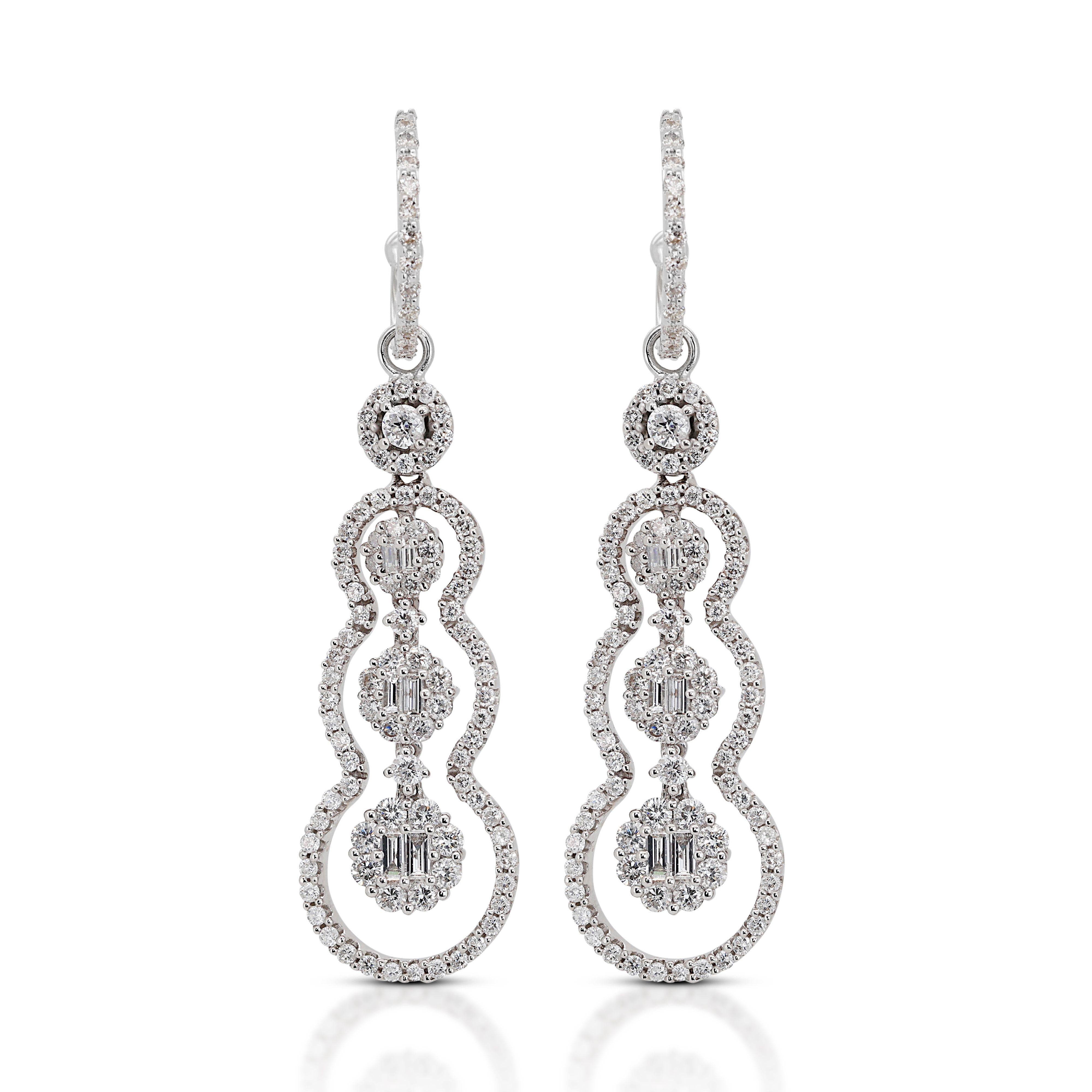 Stylish 3.50ct. Round Brilliant & Baguette Dangling Diamond Earrings For Sale 4