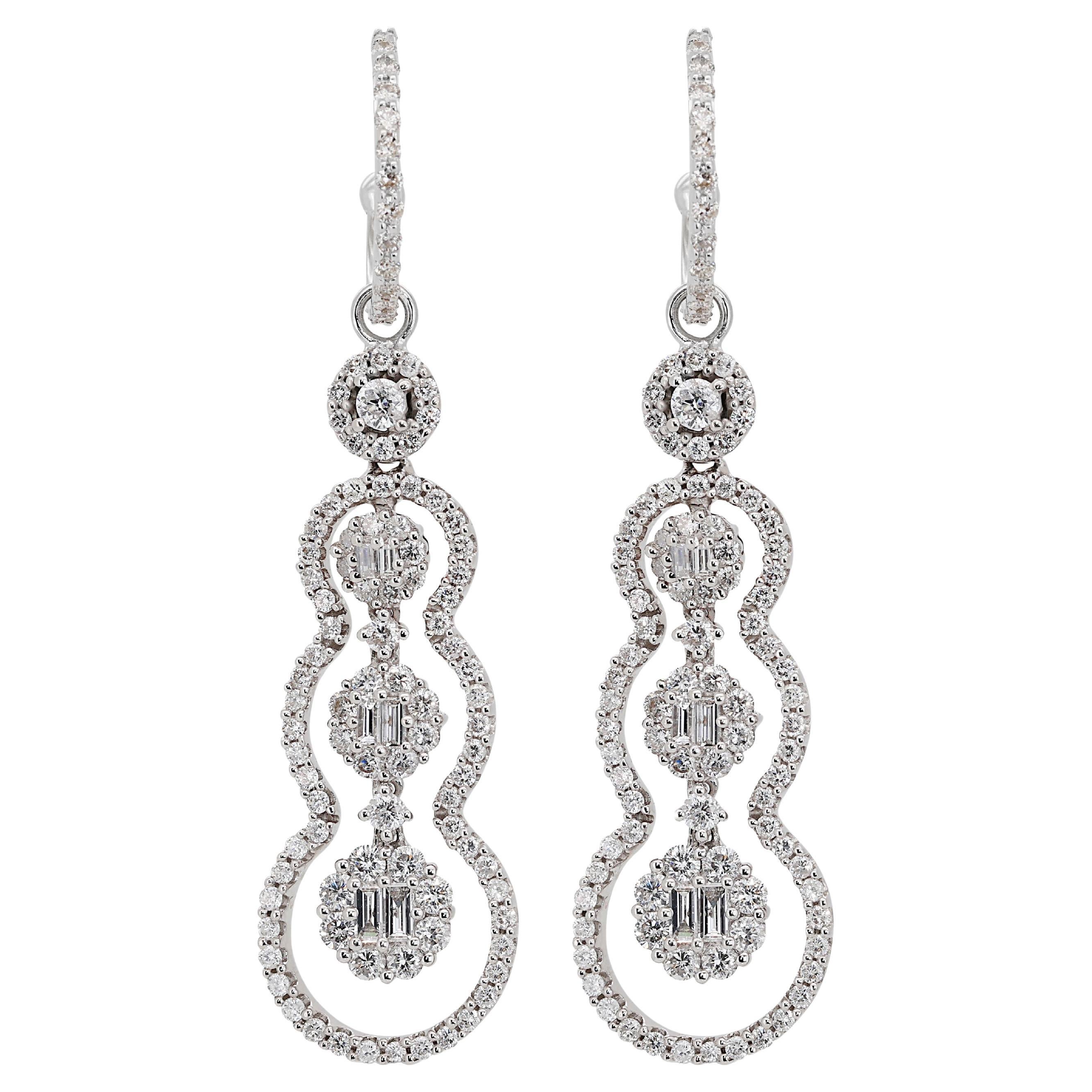 Stylish 3.50ct. Round Brilliant & Baguette Dangling Diamond Earrings For Sale