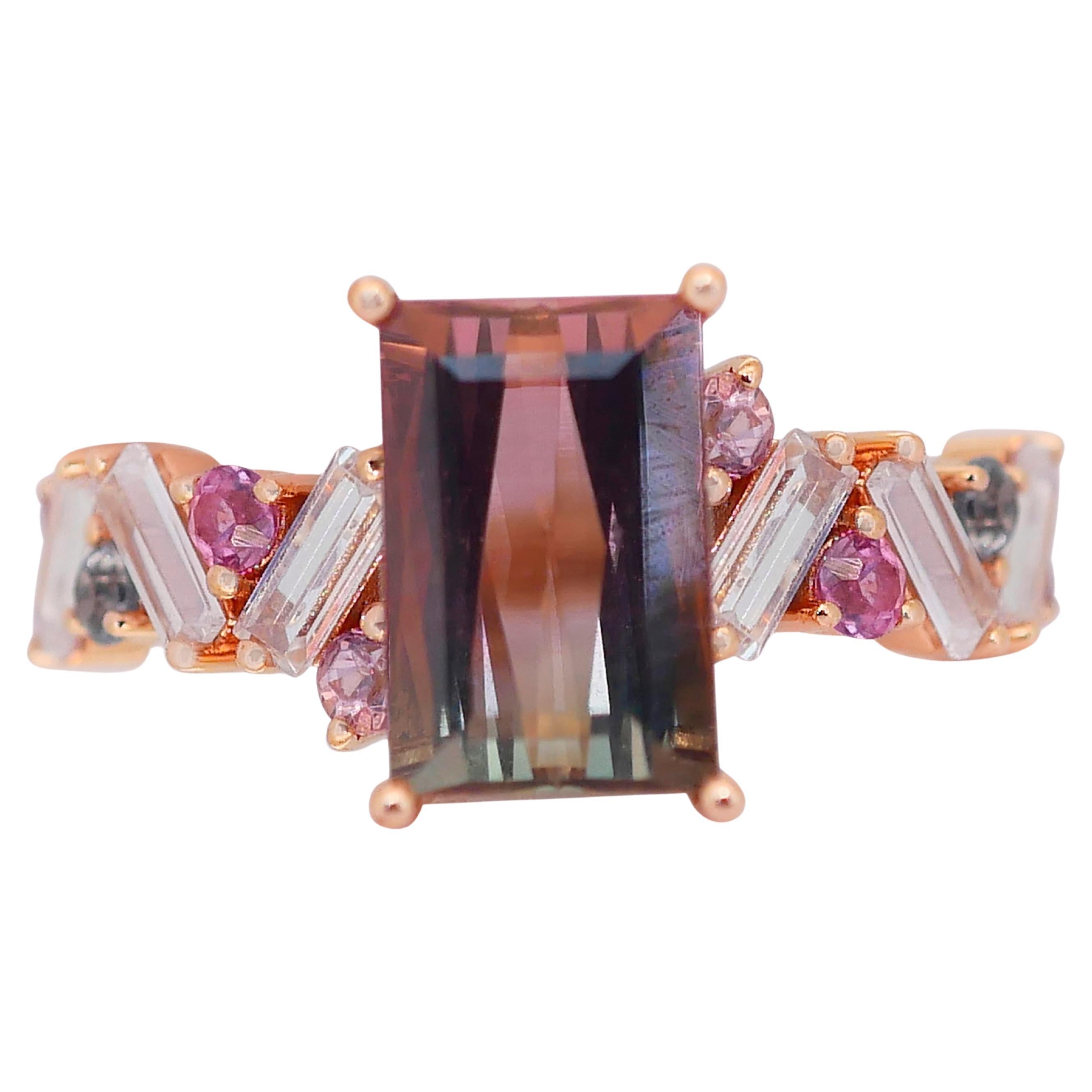Elegante anello a grappolo con tormalina da 4,13 carati in oro rosa 18 carati - certificato GCI