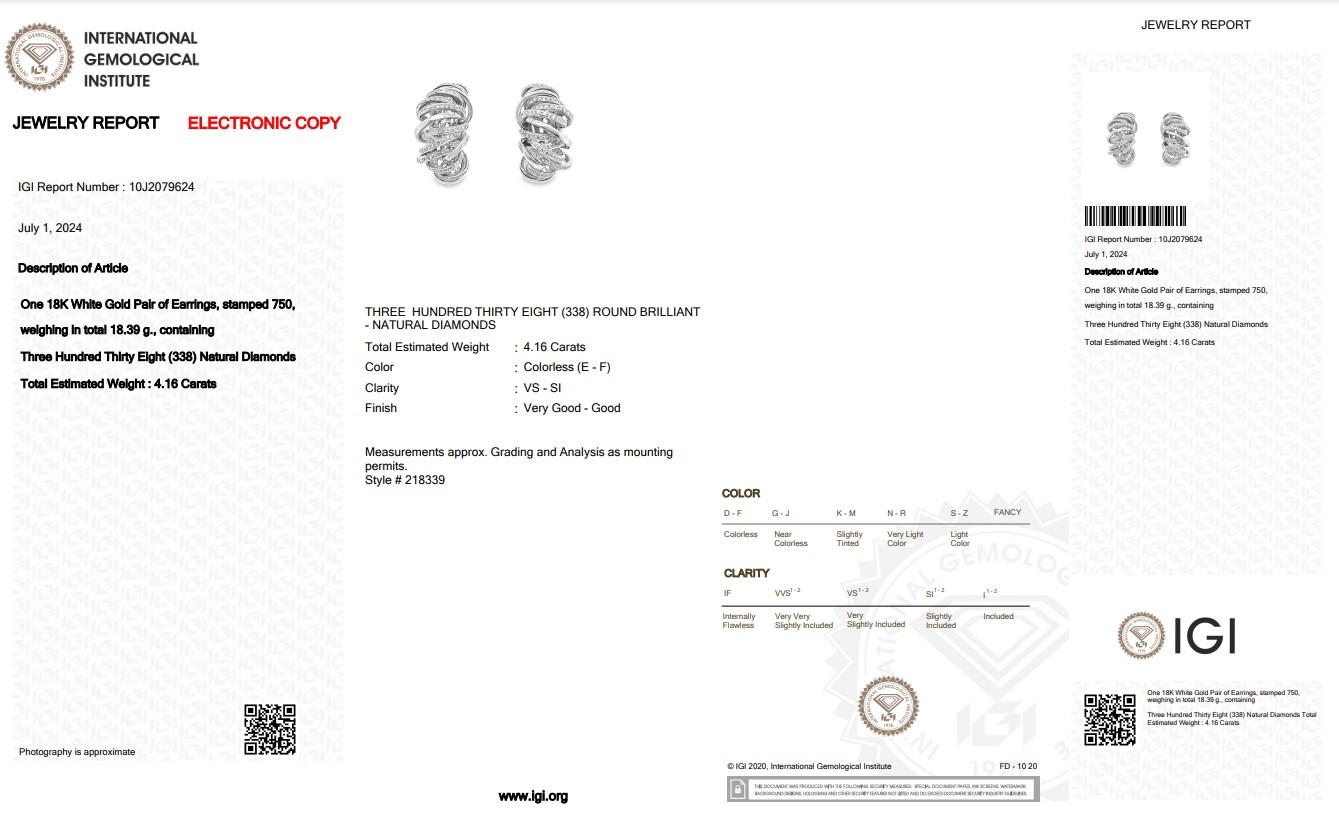 Eleganti orecchini con diamanti da 4,16 carati in oro bianco 18 carati - certificati IGI in vendita 1