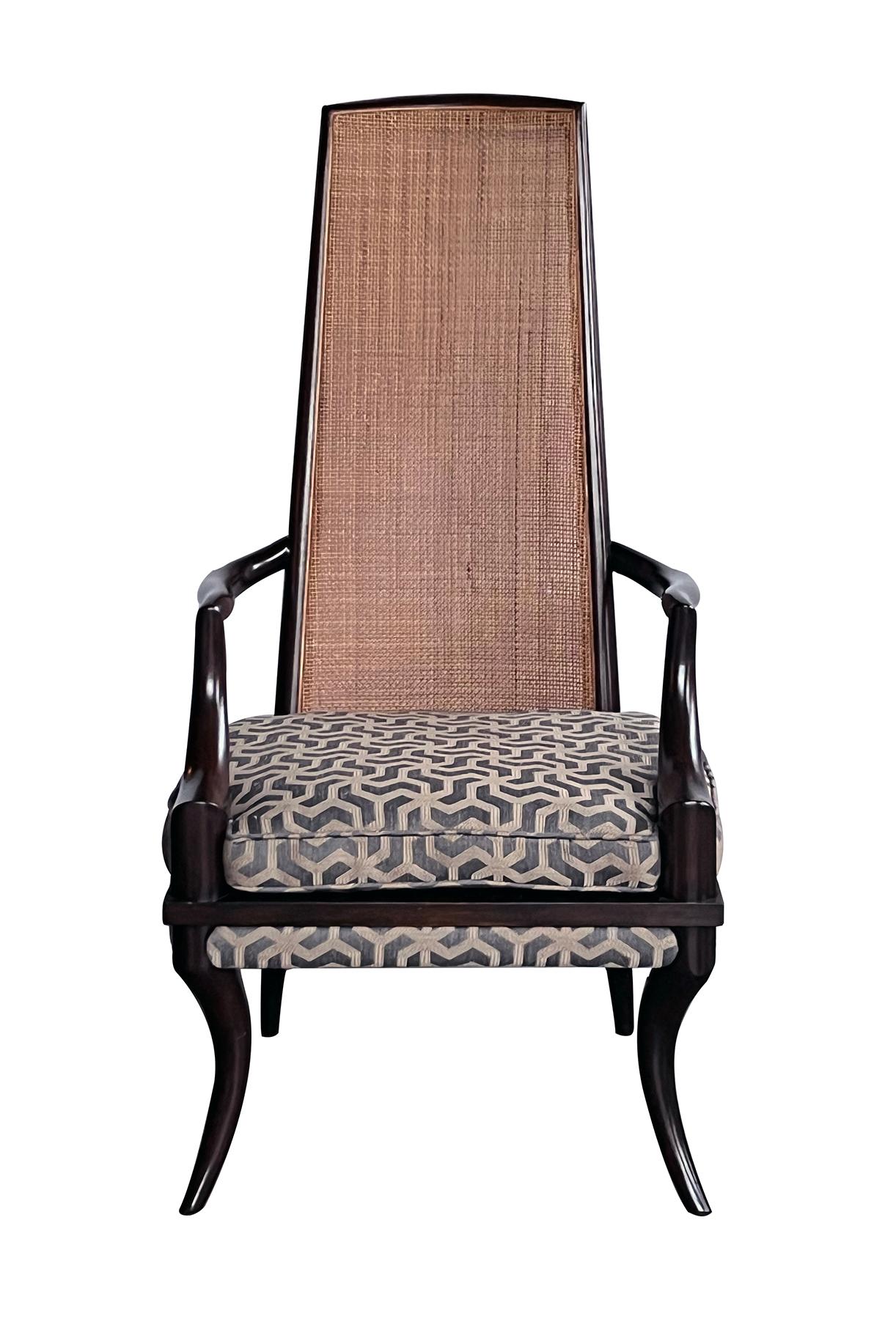 American 1960s Grand Ledge Chair Co. Caned High-back Brown Lacquered Arm Chair For Sale