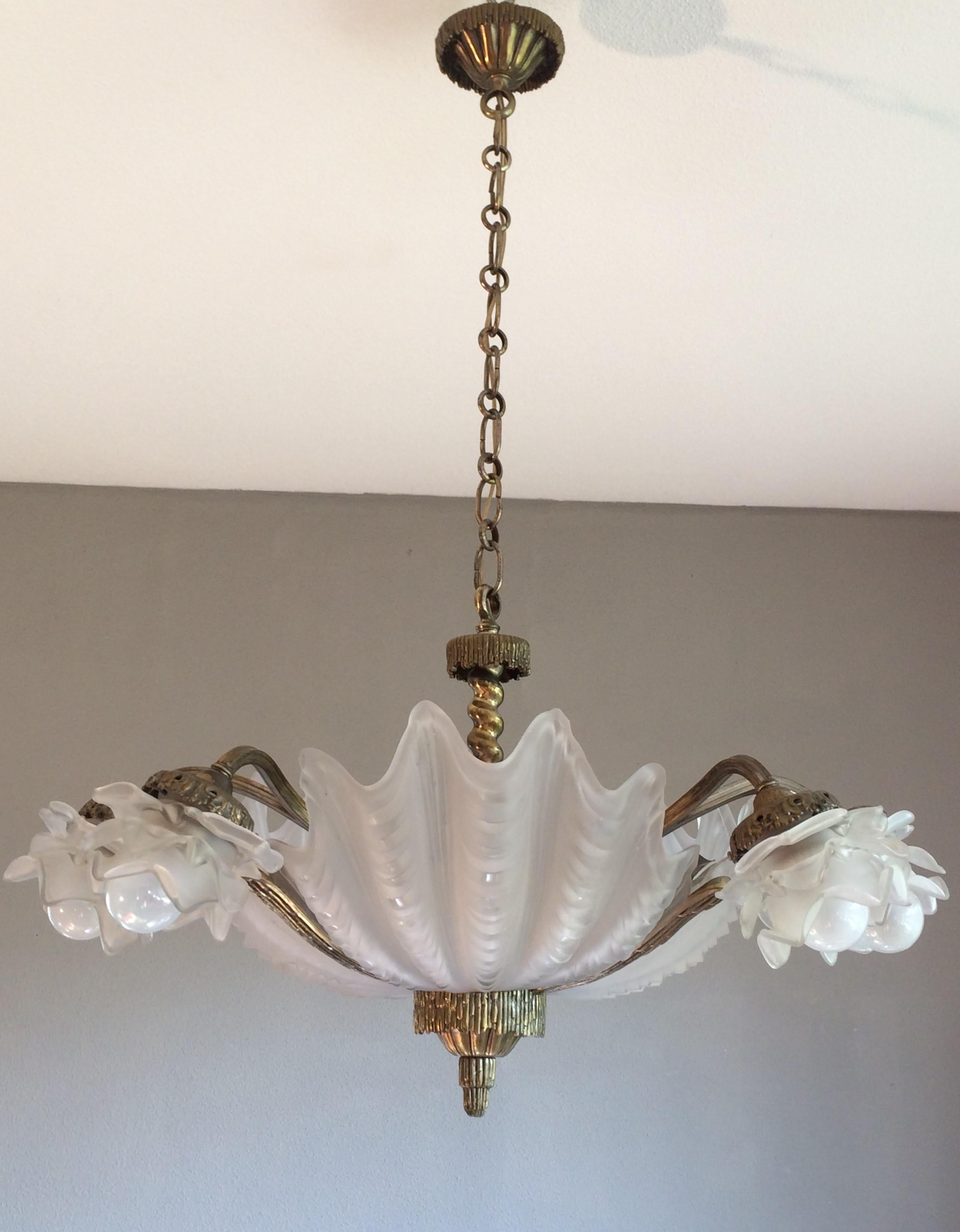 Hand-Crafted Stylish and All Handcrafted Nine Light Bronze and Icy Glass Art Deco Chandelier