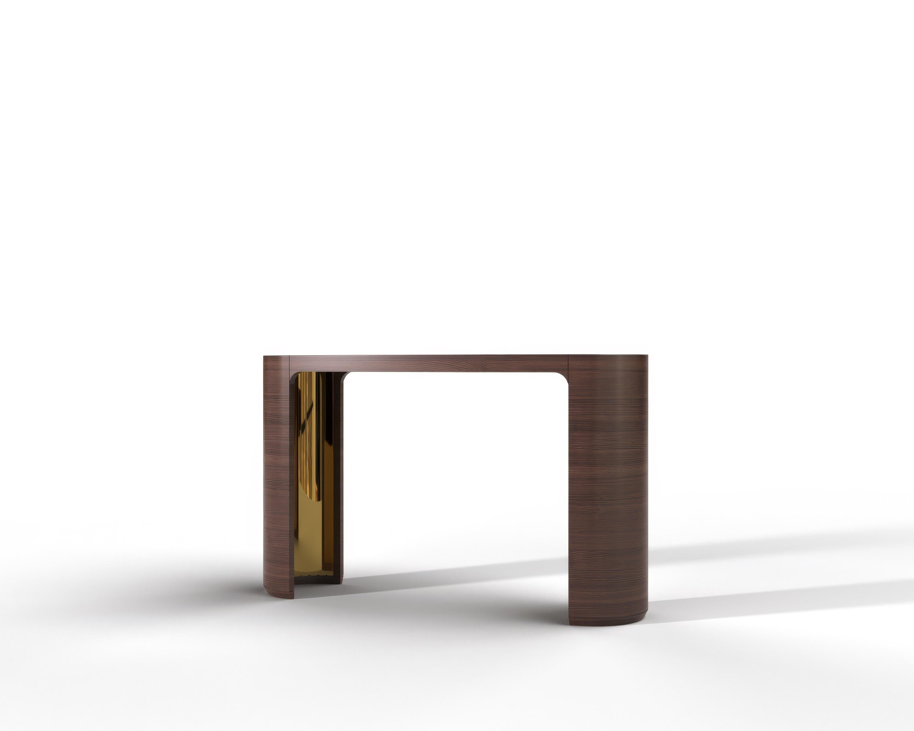 The console LUNA LUX is an ideal solution for a bedroom or living room. Its universal design is ideal for any interior style thanks to the cut-out legs in the shape of a hemisphere. Covered with natural walnut veneer, it gives the space natural