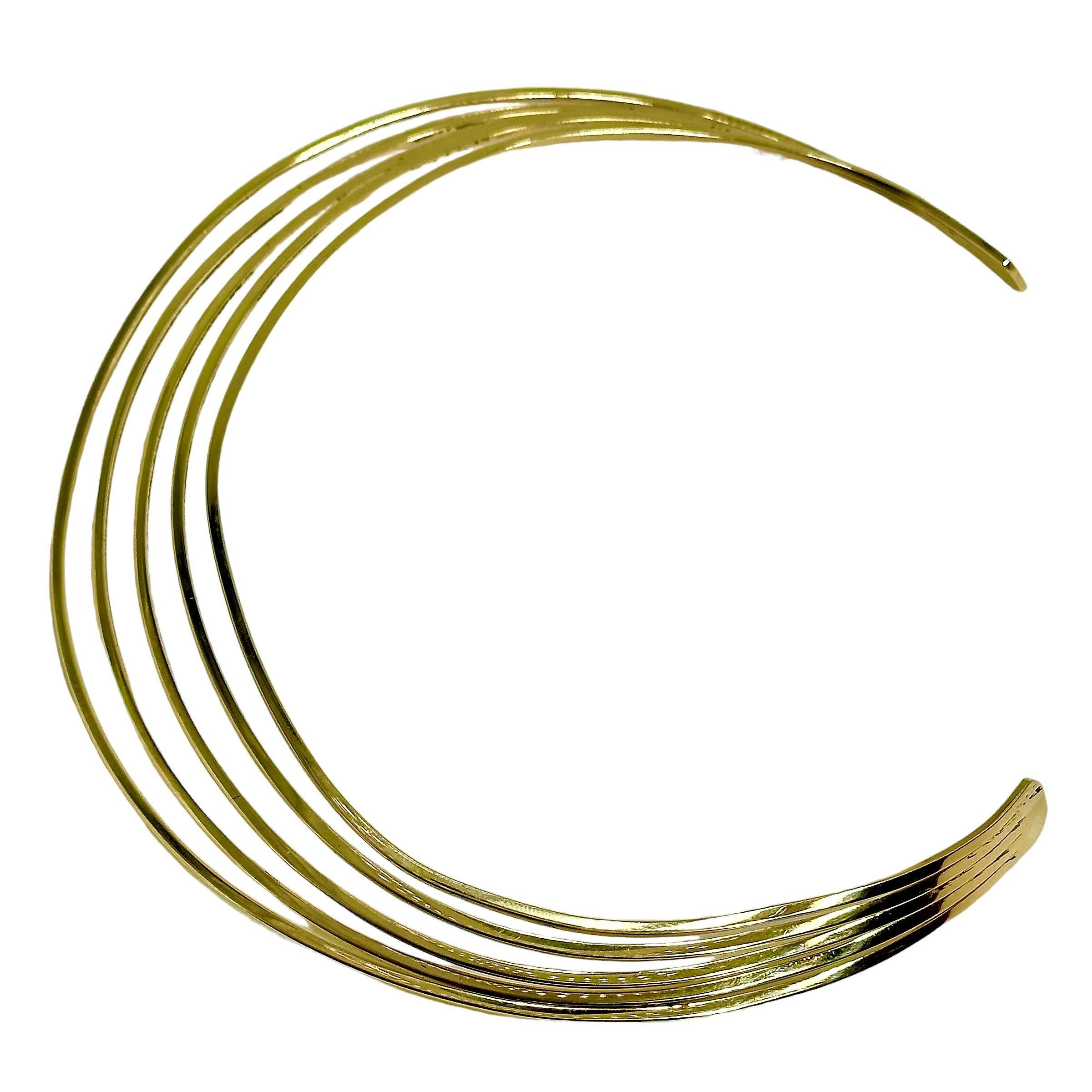 This stylish five row 14K yellow gold choker necklace is distinctive in design and is striking when worn. At the front, it measures in excess of one inch in width. Fits a small neck. It is extremely comfortable to wear.  Signed by the maker, MONIR'S