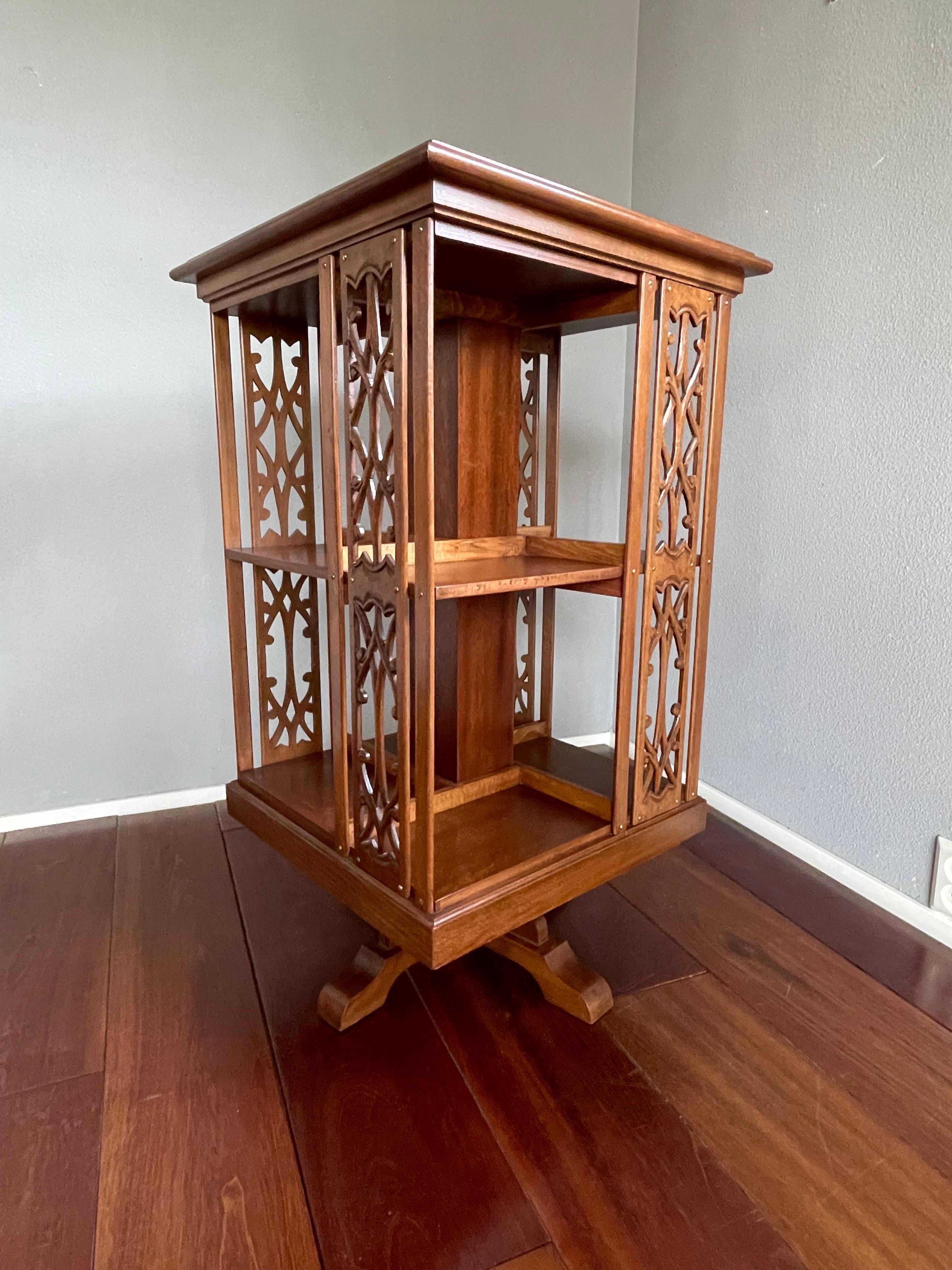 Stylish and Practical Hand Carved Wooden Arts & Crafts Style Revolving Bookcase For Sale 6