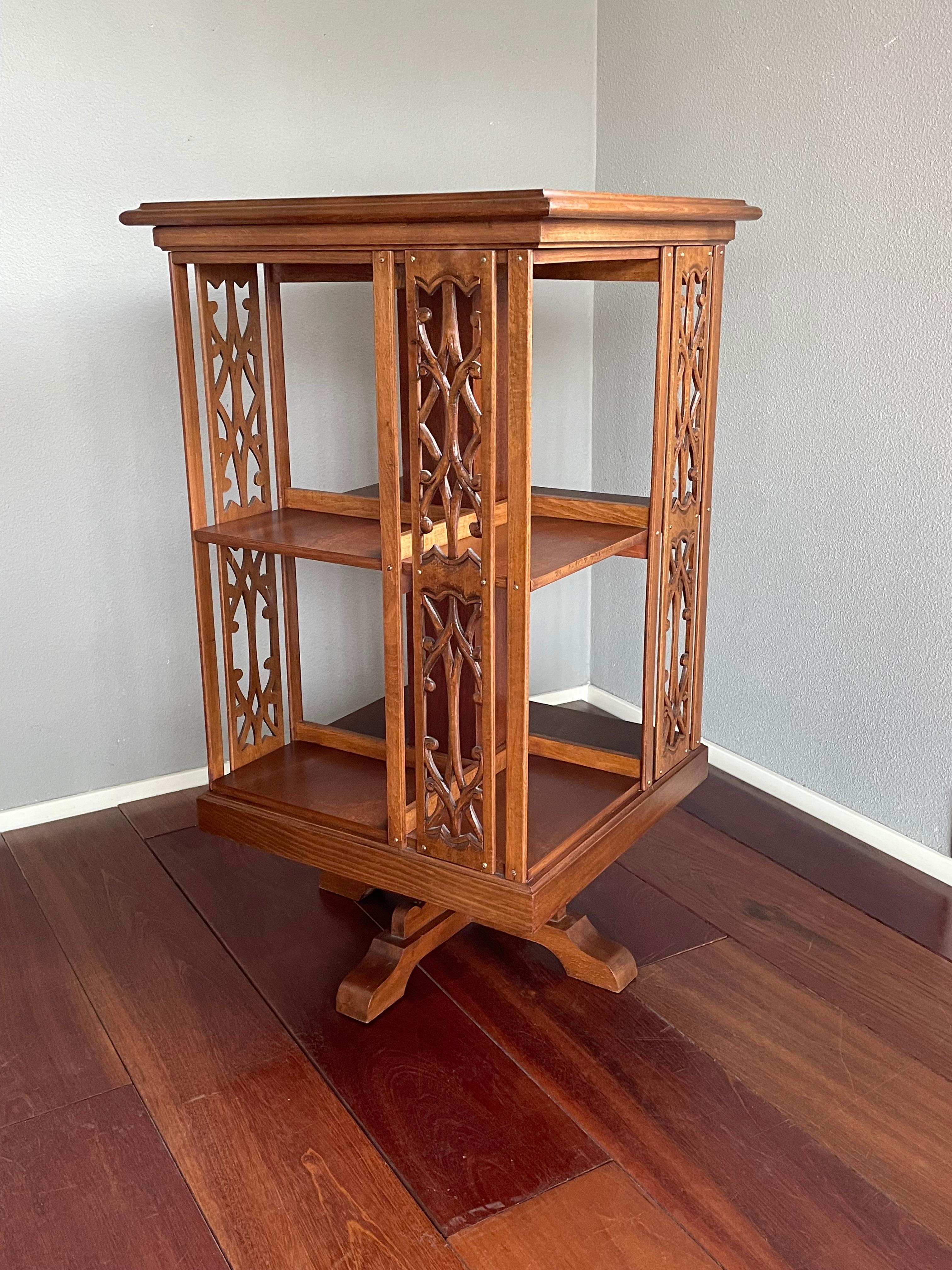 Great looking Arts & Crafts style bookcase.

This Arts & Crafts design revolving bookcase rotates perfectly and it is in superb condition. We found this rare specimen in a home with a wonderfully eclectic interior and this was one of the rare items