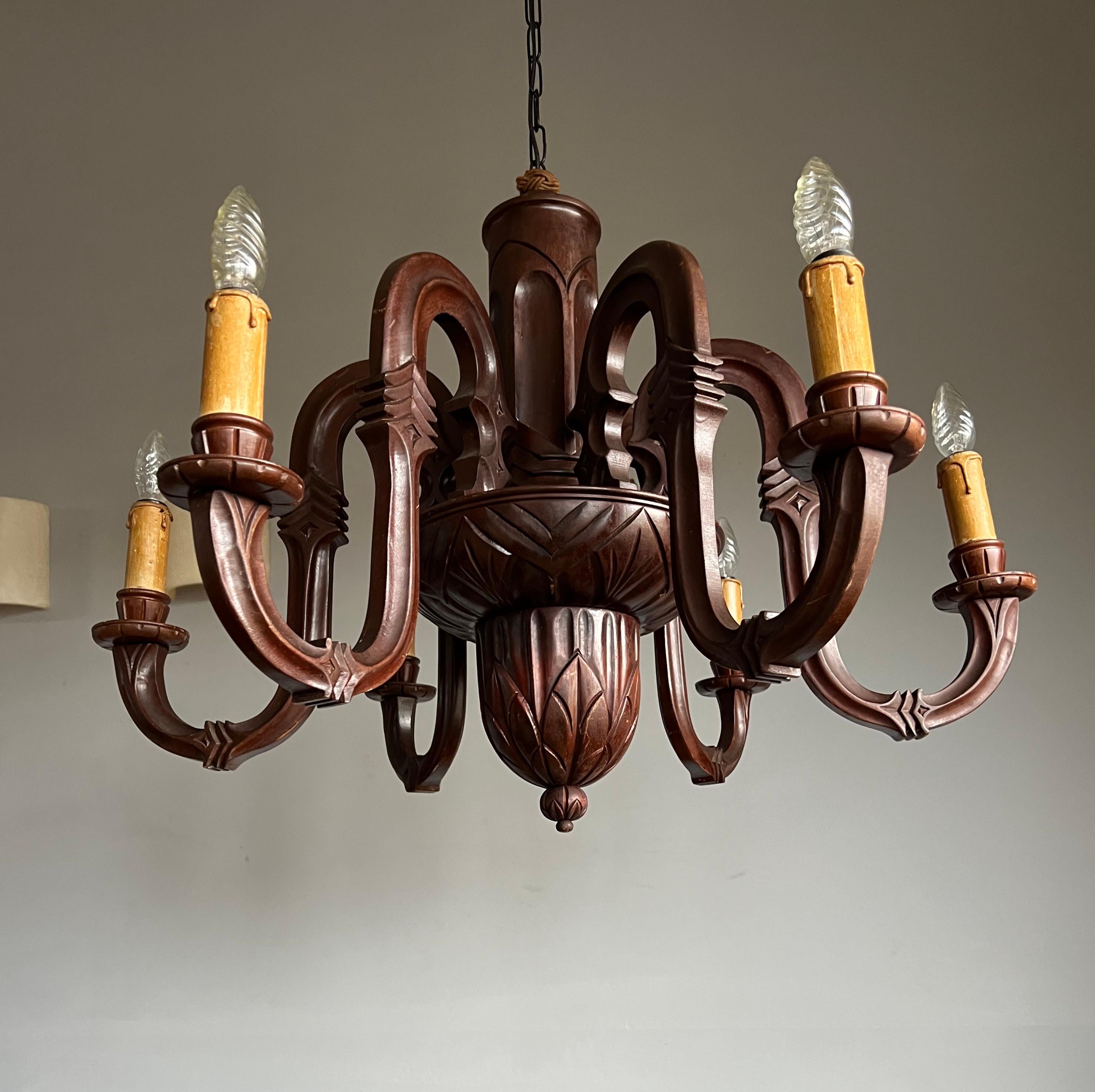 Stunning and Pure Art Deco Hand Carved Wood Chandelier Pendant Light, 1920s For Sale 3
