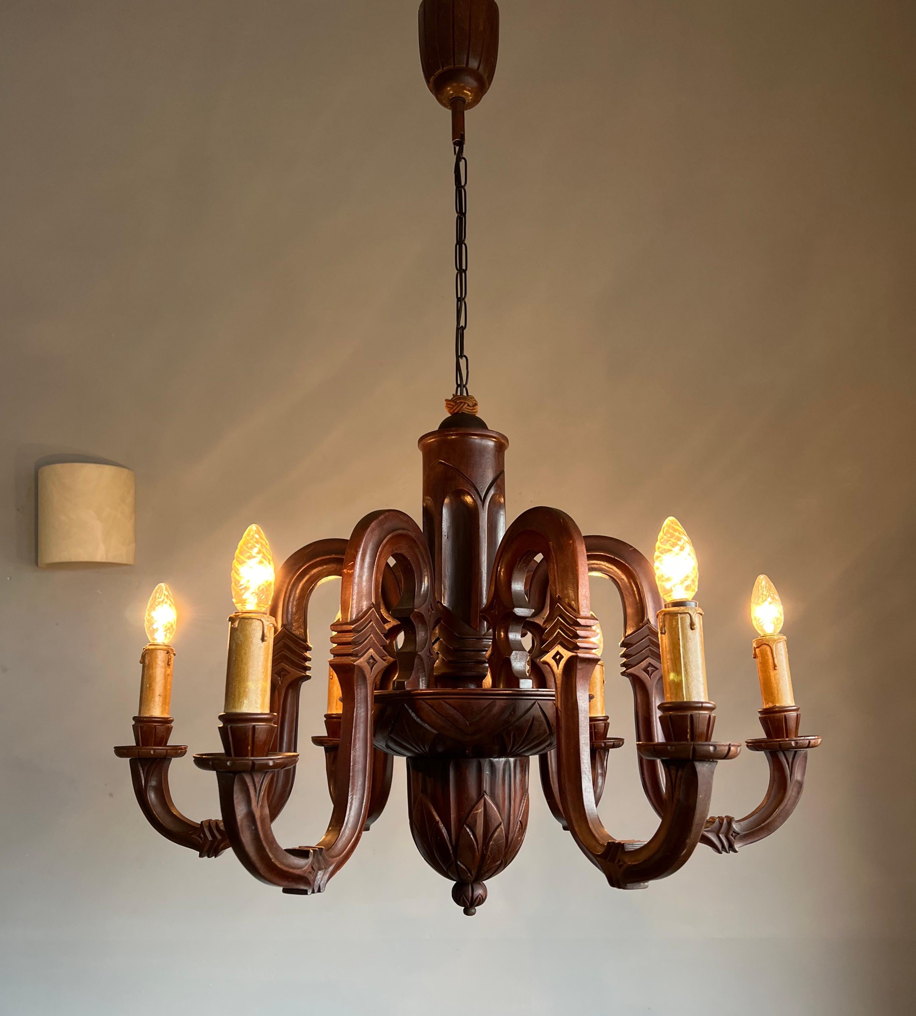 Stunning and Pure Art Deco Hand Carved Wood Chandelier Pendant Light, 1920s For Sale 10
