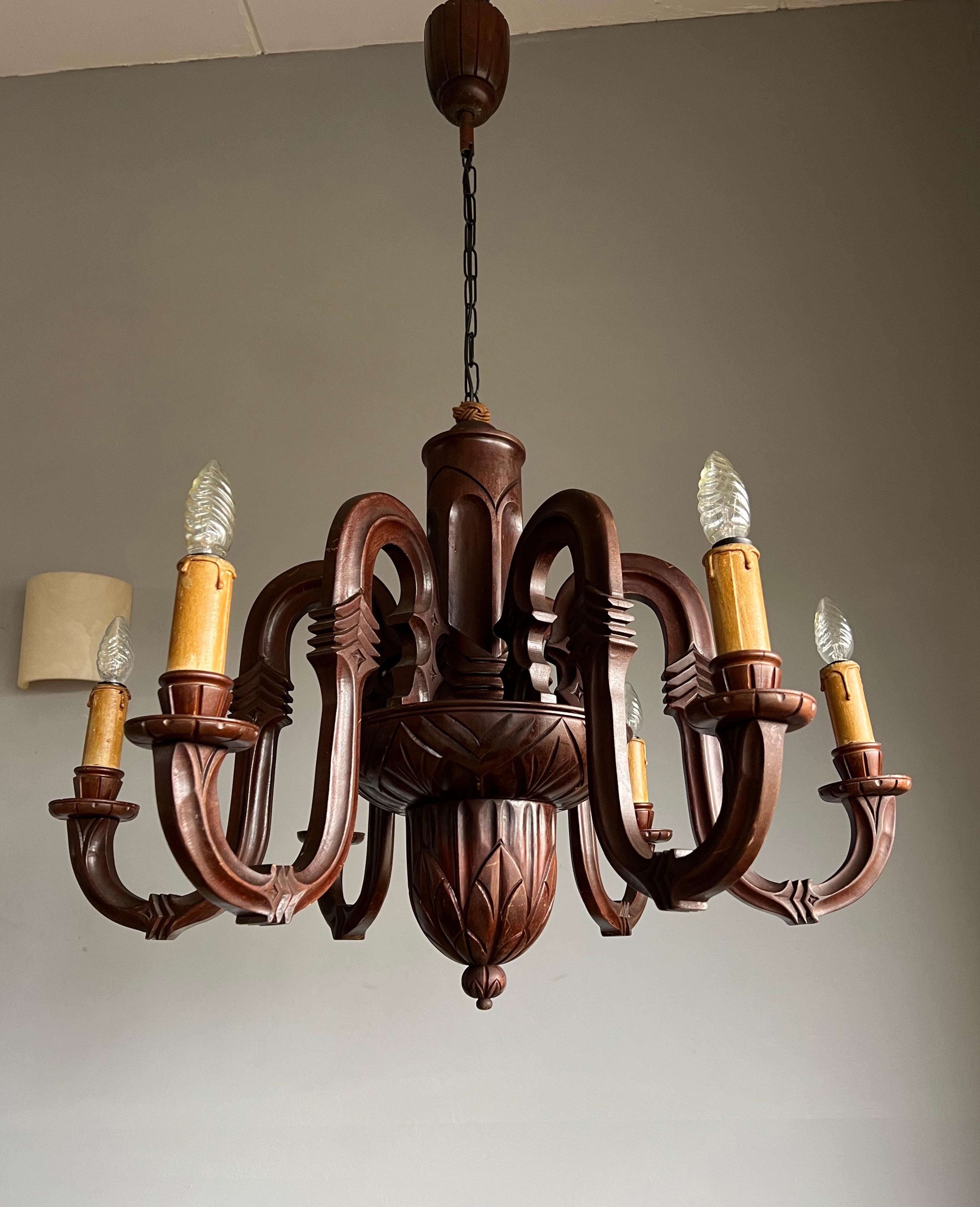 Stunning and Pure Art Deco Hand Carved Wood Chandelier Pendant Light, 1920s For Sale 11