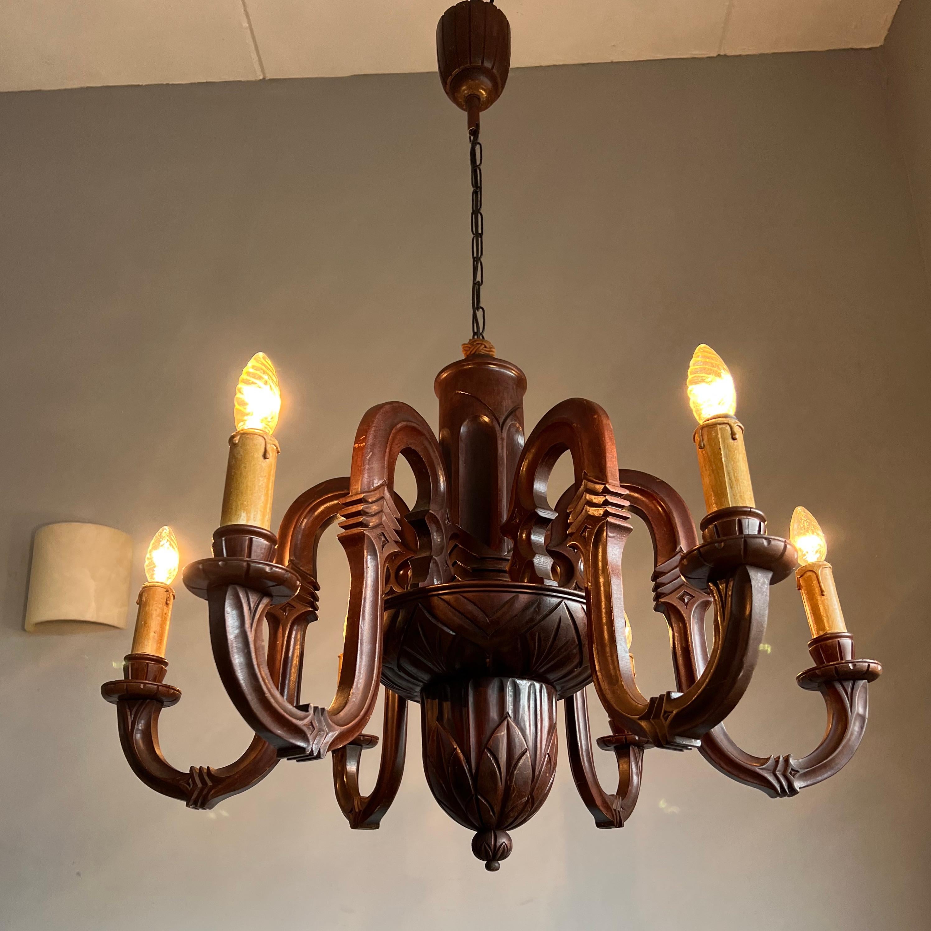 Stunning and Pure Art Deco Hand Carved Wood Chandelier Pendant Light, 1920s For Sale 12