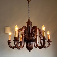Stunning and Pure Art Deco Hand Carved Wood Chandelier Pendant Light, 1920s