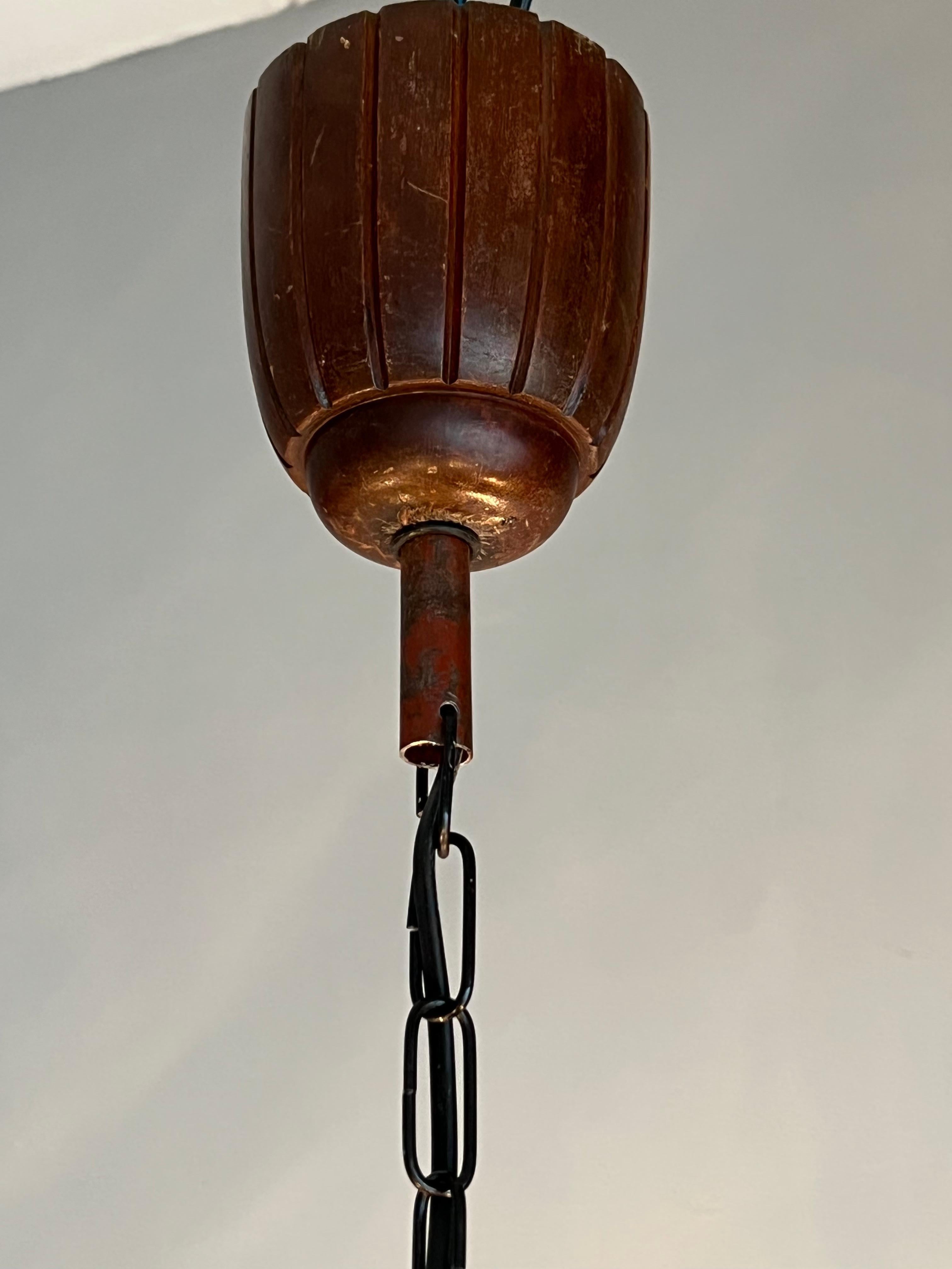 Stunning and Pure Art Deco Hand Carved Wood Chandelier Pendant Light, 1920s For Sale 13