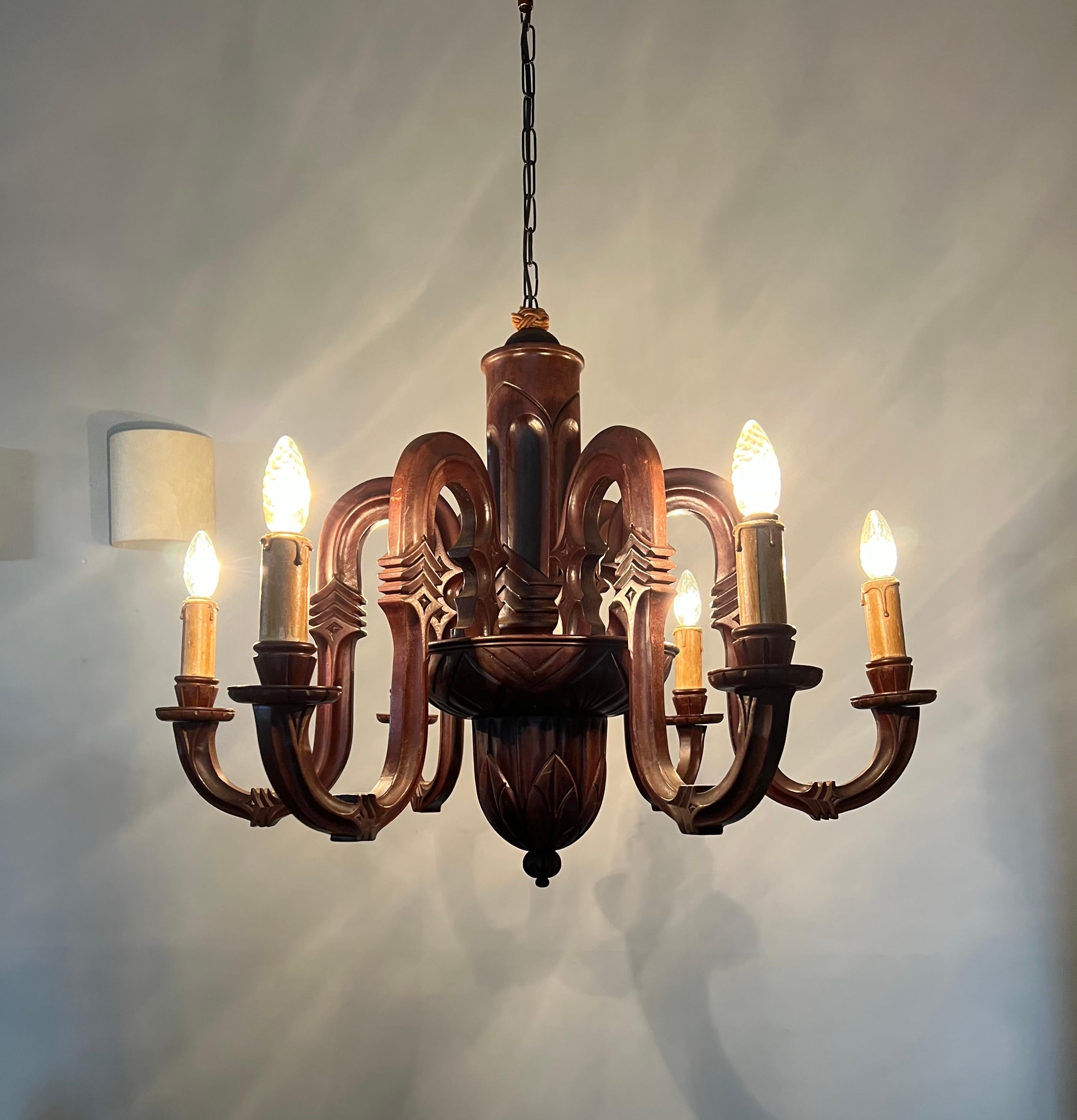 European Stunning and Pure Art Deco Hand Carved Wood Chandelier Pendant Light, 1920s For Sale