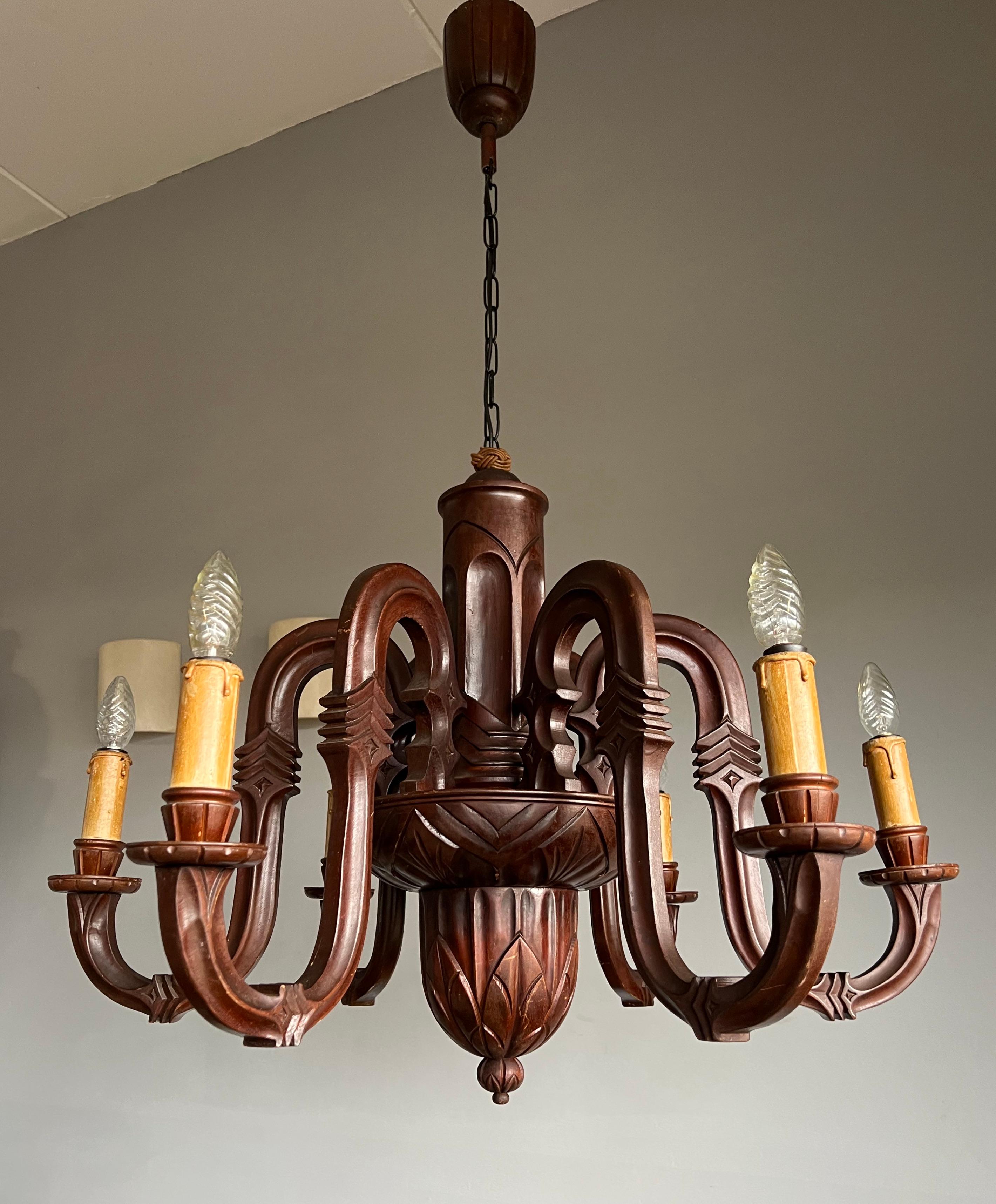 Blackened Stunning and Pure Art Deco Hand Carved Wood Chandelier Pendant Light, 1920s For Sale