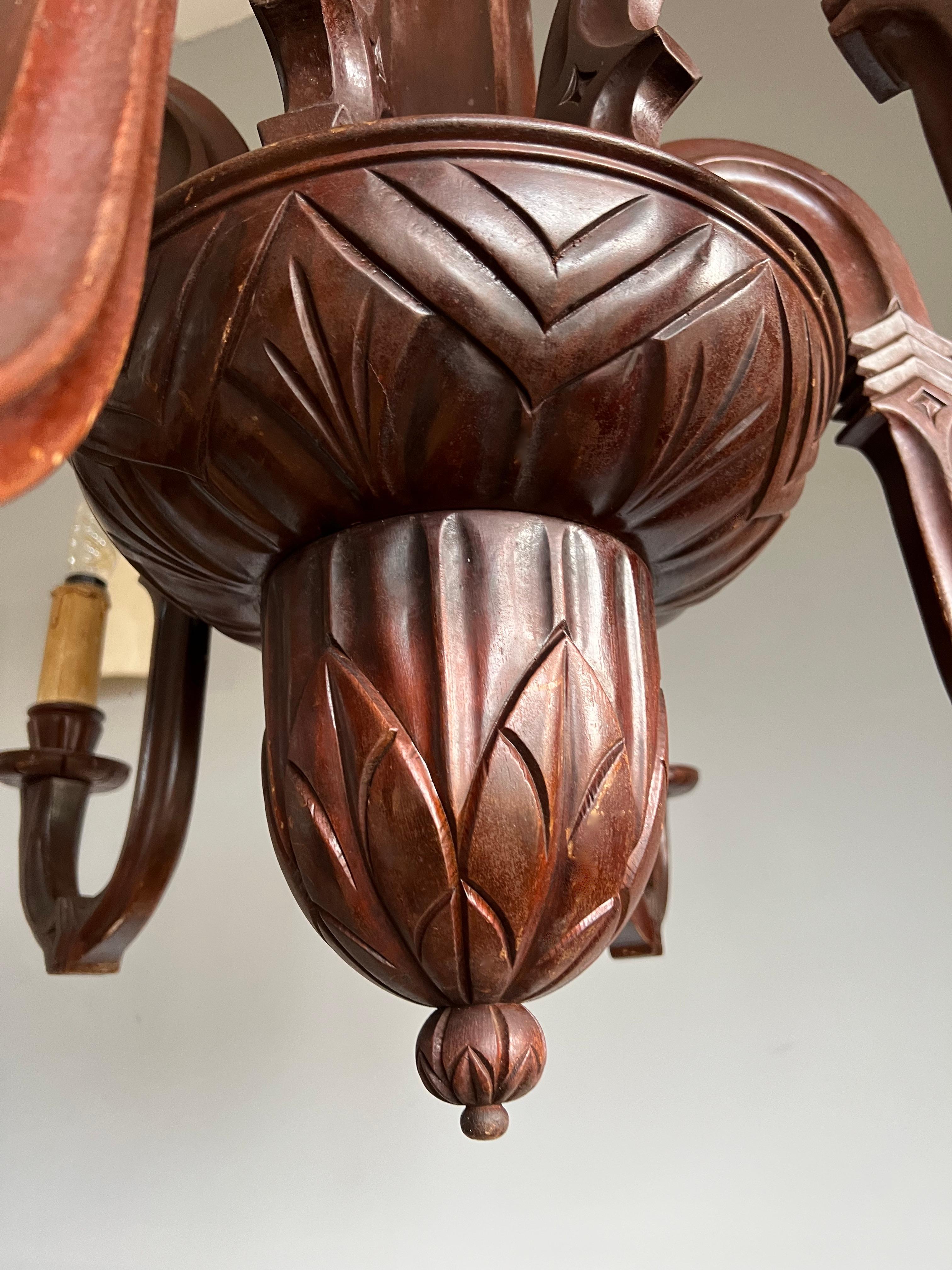 Metal Stunning and Pure Art Deco Hand Carved Wood Chandelier Pendant Light, 1920s For Sale
