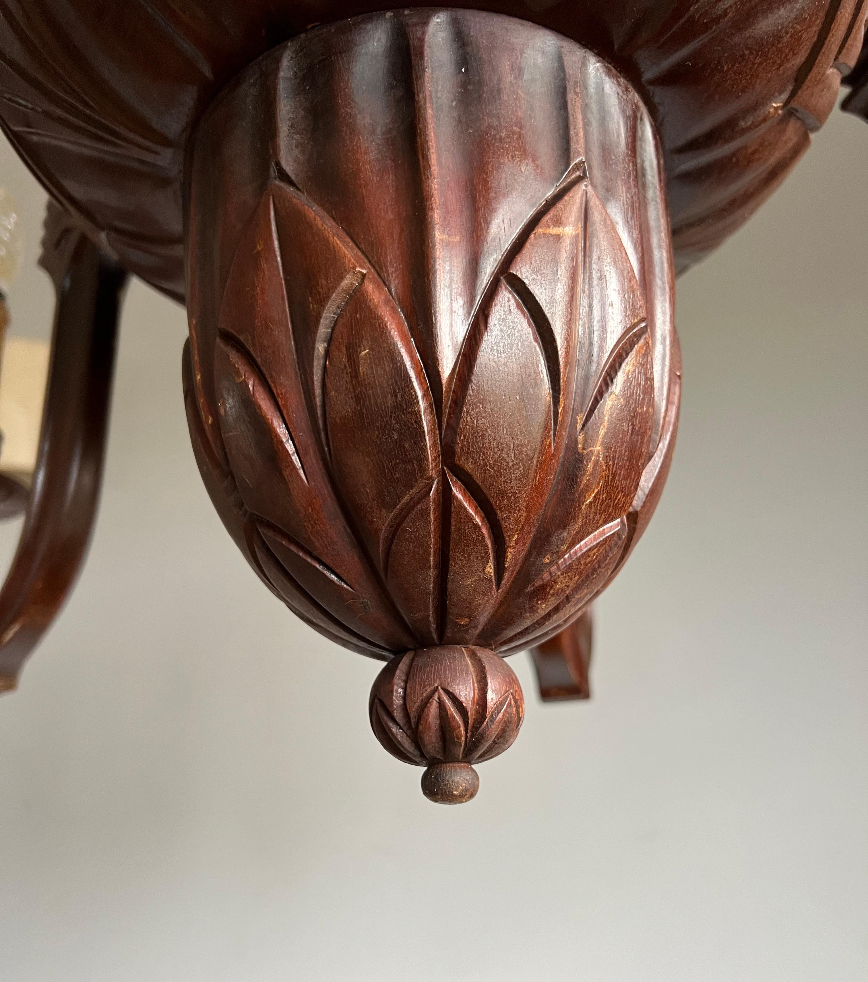 Stunning and Pure Art Deco Hand Carved Wood Chandelier Pendant Light, 1920s For Sale 1