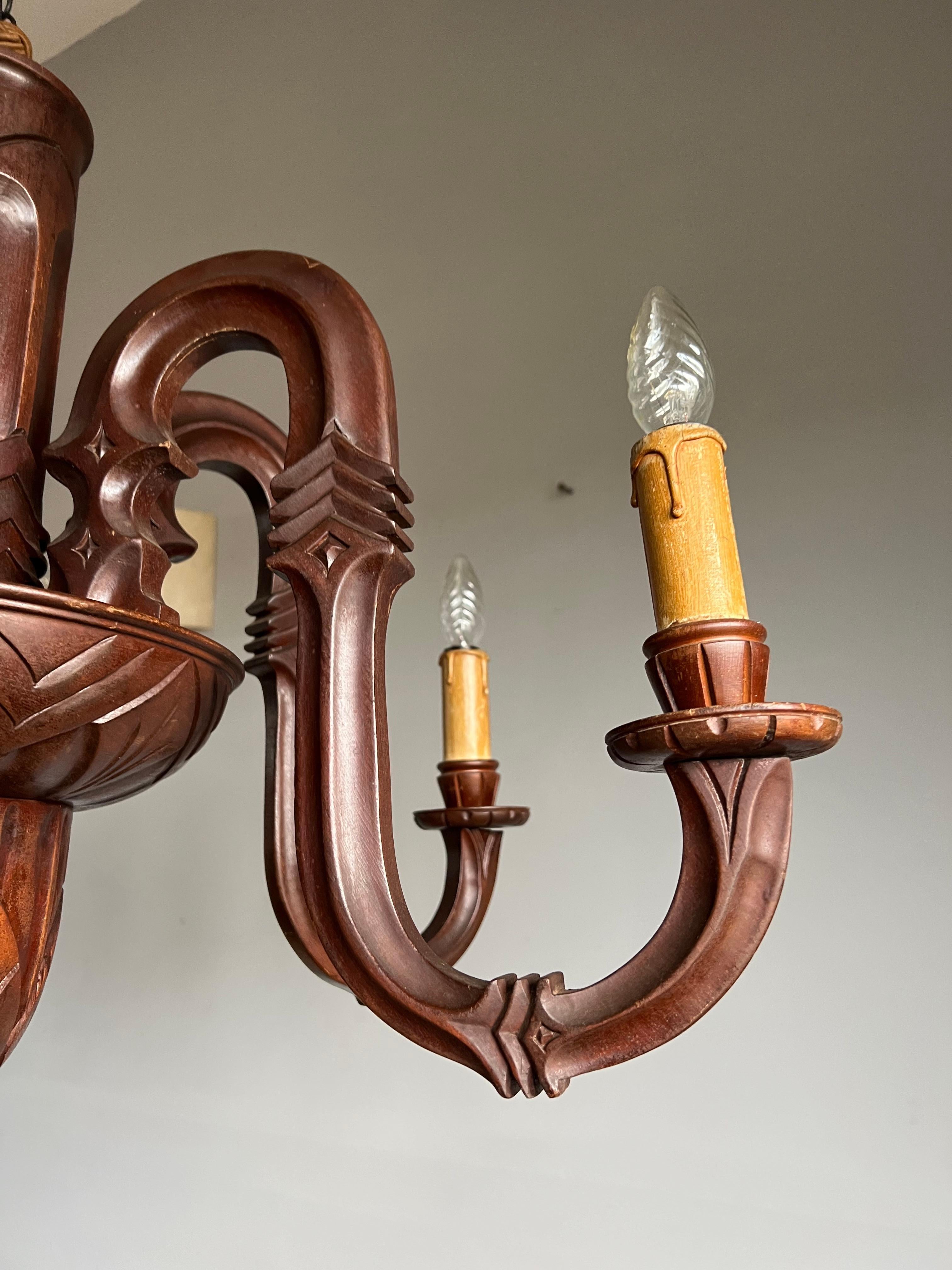 Stunning and Pure Art Deco Hand Carved Wood Chandelier Pendant Light, 1920s For Sale 2