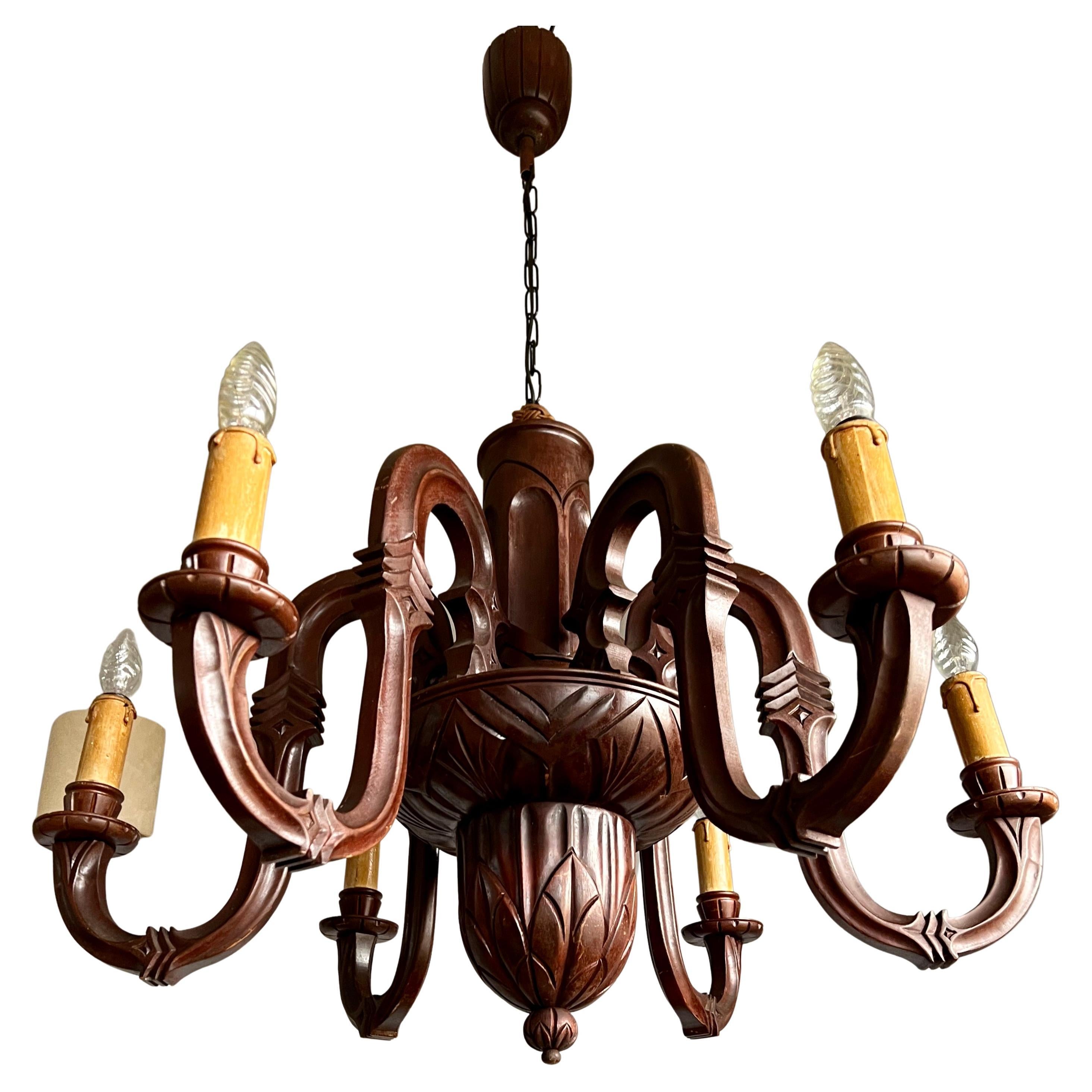 Stunning and Pure Art Deco Hand Carved Wood Chandelier Pendant Light, 1920s For Sale
