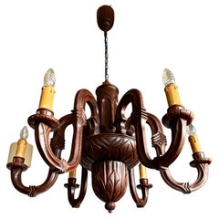 Antique Stunning and Pure Art Deco Hand Carved Wood Chandelier Pendant Light, 1920s