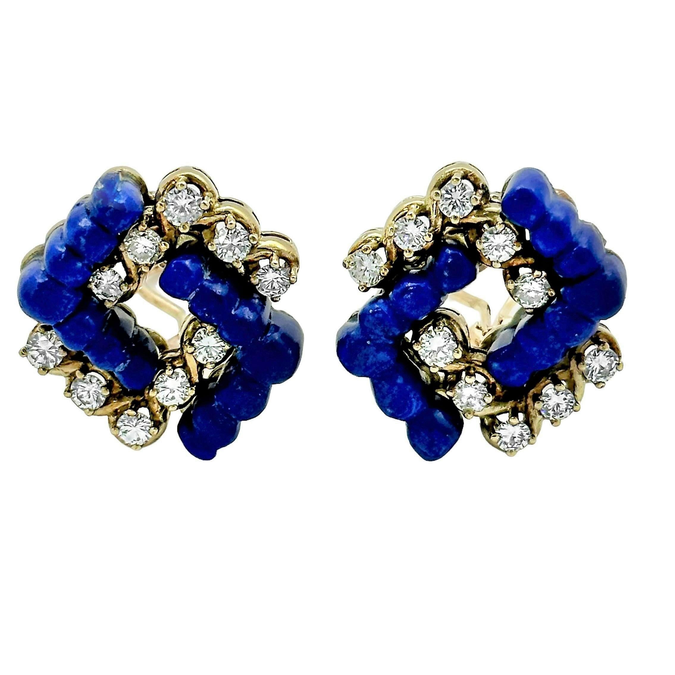 Modern Stylish and Tailored Lapis Lazuli, Diamond, and 18K Yellow Gold Clip On Earrings For Sale