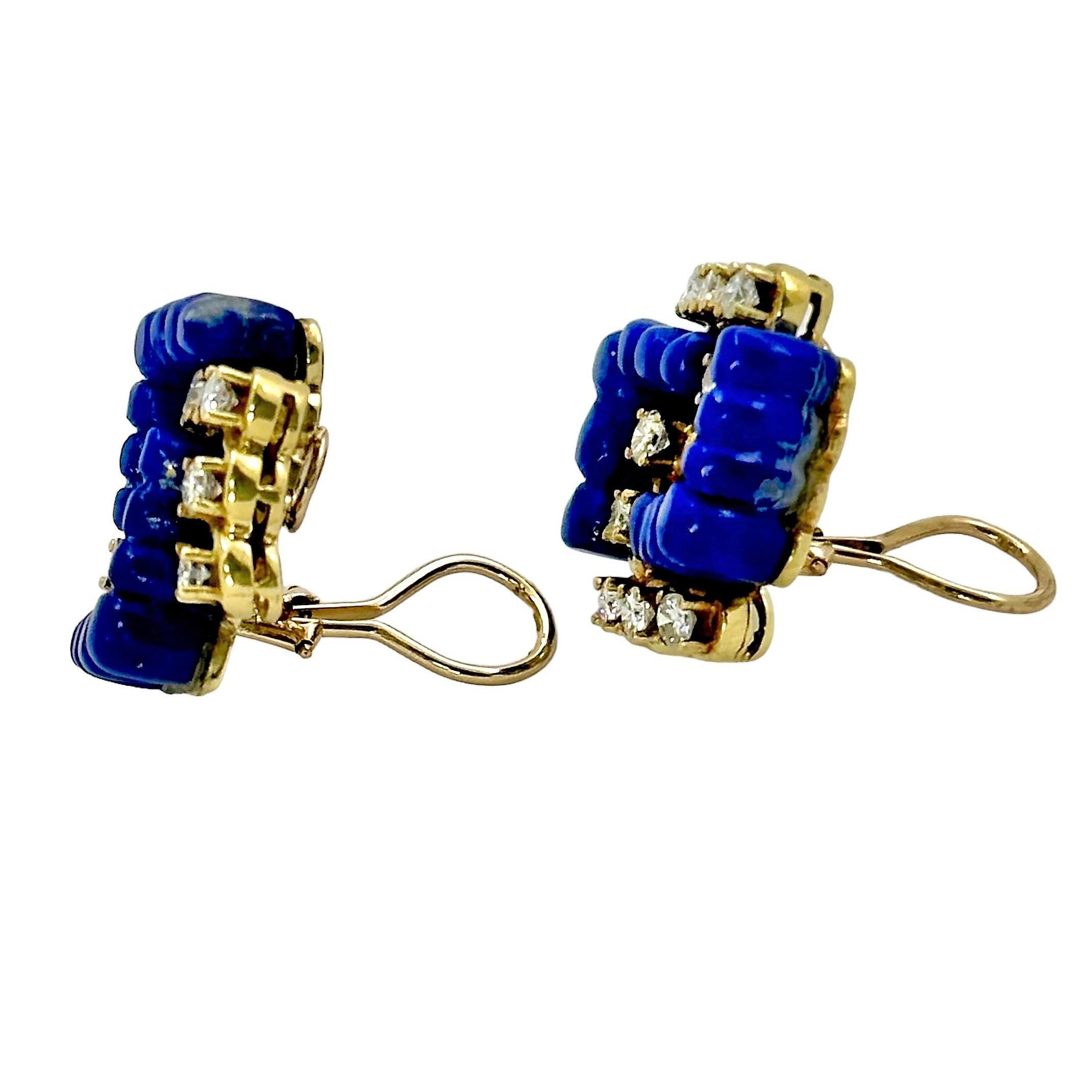 Round Cut Stylish and Tailored Lapis Lazuli, Diamond, and 18K Yellow Gold Clip On Earrings For Sale