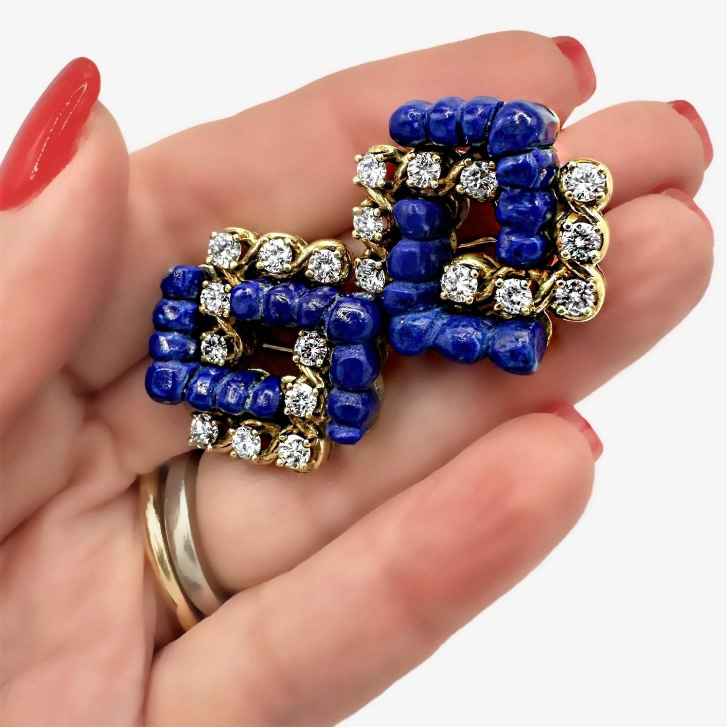 Stylish and Tailored Lapis Lazuli, Diamond, and 18K Yellow Gold Clip On Earrings For Sale 2