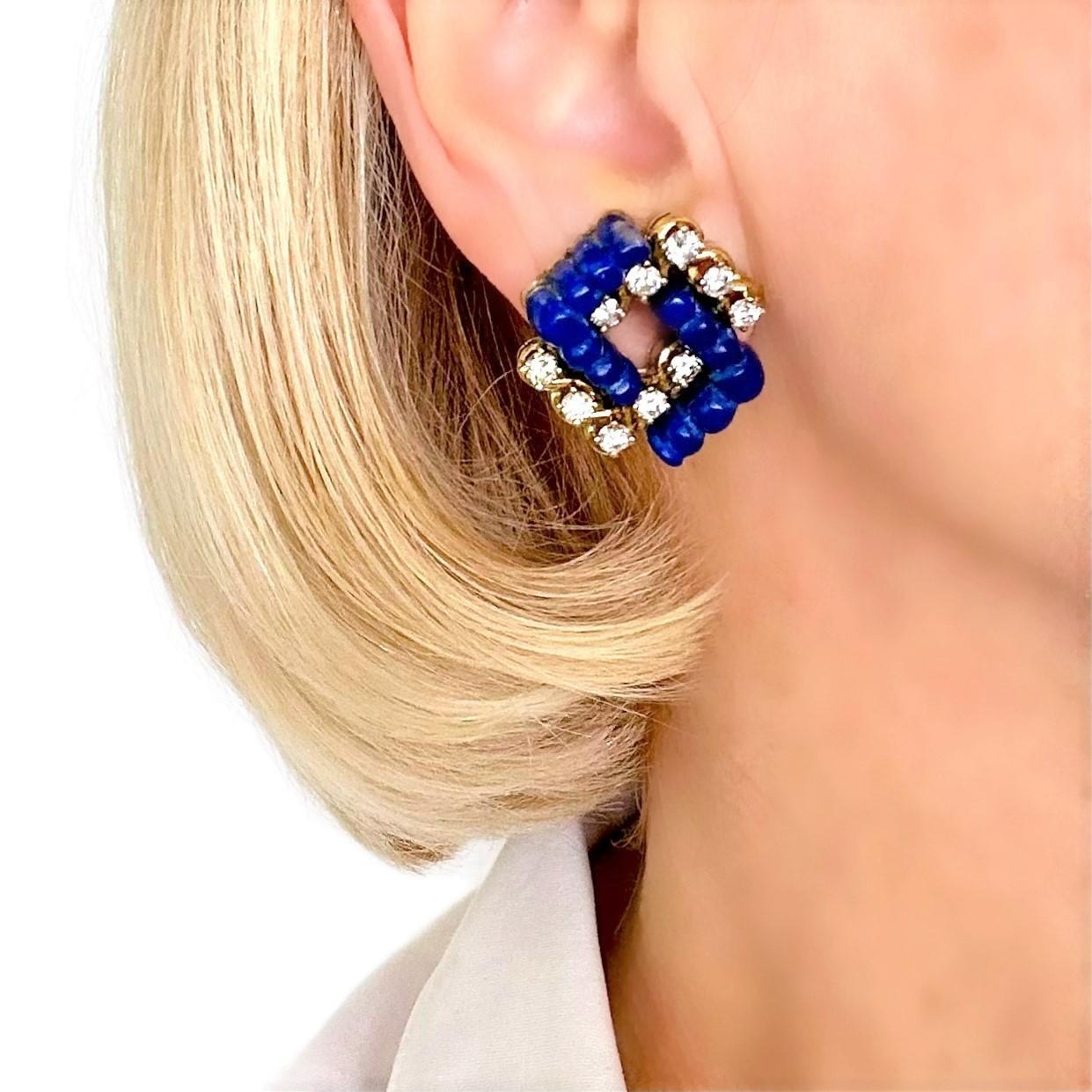 Stylish and Tailored Lapis Lazuli, Diamond, and 18K Yellow Gold Clip On Earrings For Sale 3