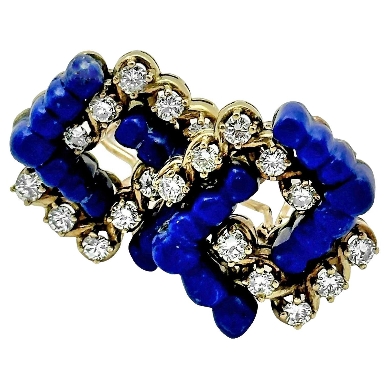 Stylish and Tailored Lapis Lazuli, Diamond, and 18K Yellow Gold Clip On Earrings For Sale