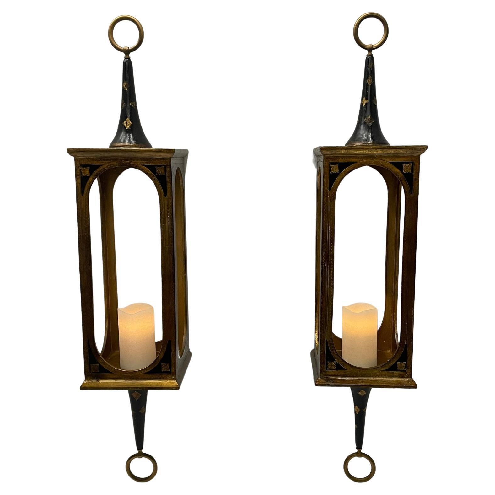 Stylish and Unusual Pair of Ebonized & Gilt Venetian Hanging Lanterns For Sale